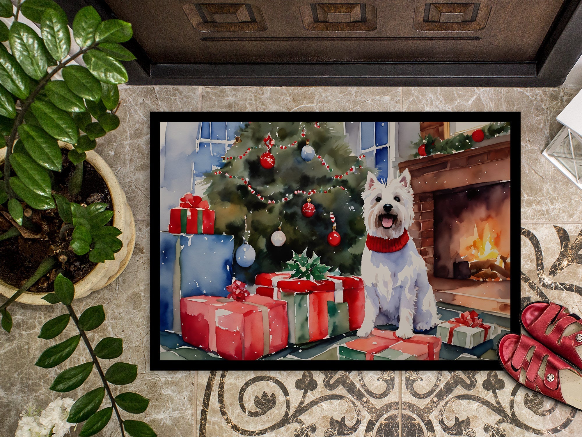 Westie Cozy Christmas Doormat Indoor Outdoor 18H X 27W Front Door Mat Rugs for Entryway, Non Slip Washable