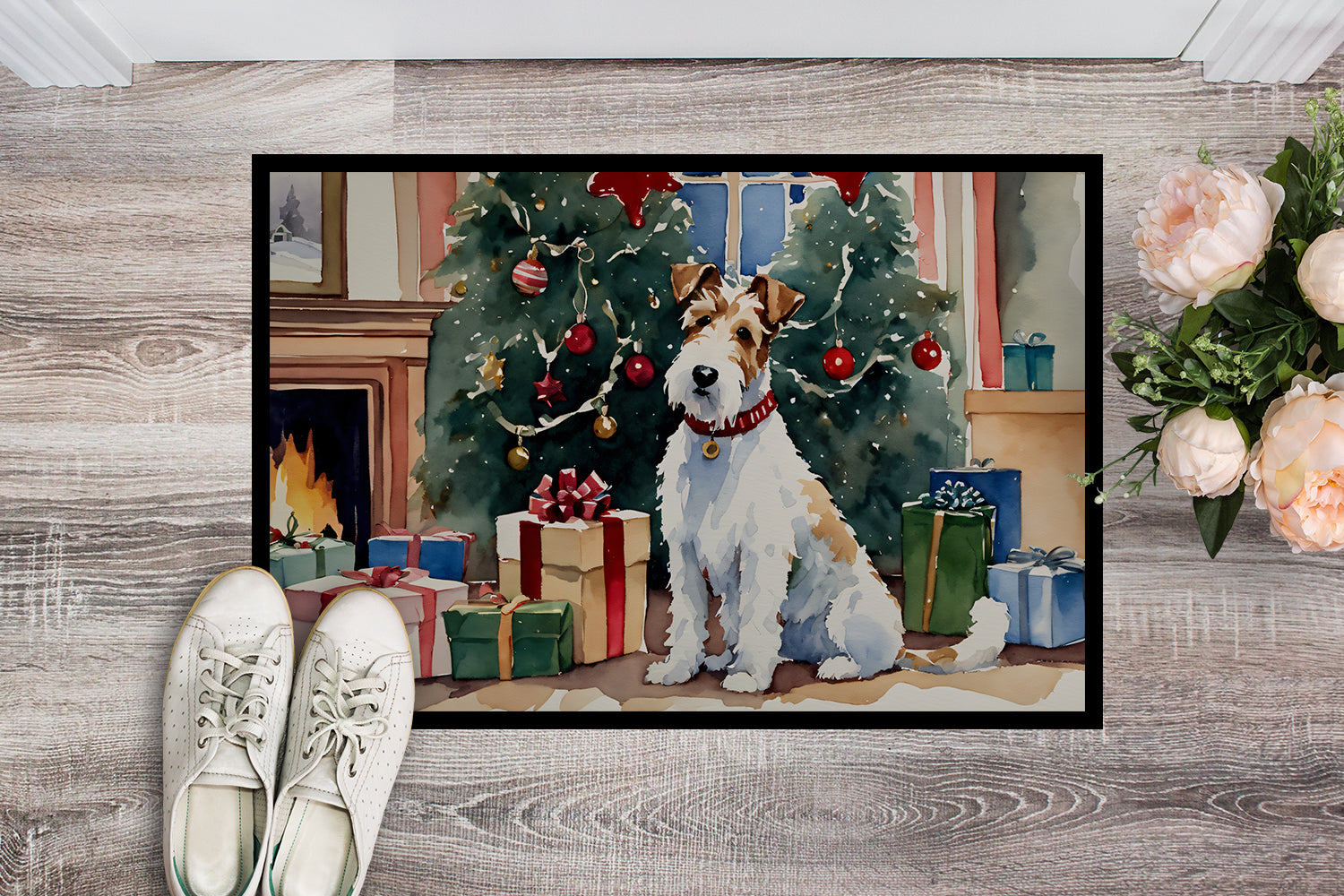 Fox Terrier Cozy Christmas Doormat Indoor Outdoor 18H X 27W Front Door Mat Rugs for Entryway, Non Slip Washable
