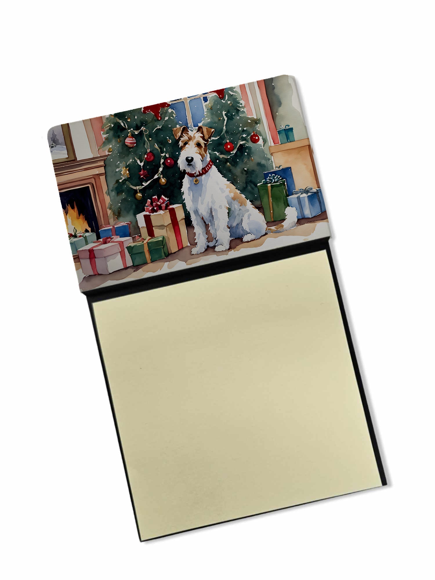 Fox Terrier Cozy Christmas Watercolor Sticky Note Holder Refillable Dispenser Desk Accessory 3x3 Pad Gift