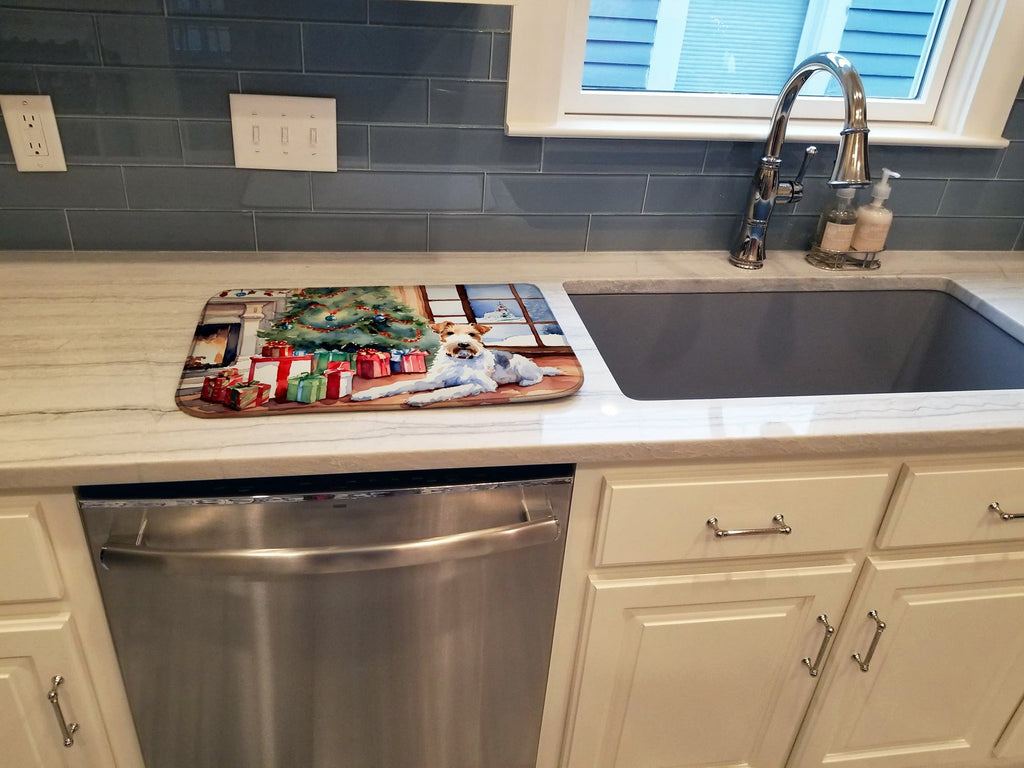 Fox Terrier Cozy Christmas Dish Drying Mat Absorbent Dish Drying Mat Pad for Kitchen Counter Dish Drainer Mat for Countertop, 14 x 21", Multicolor