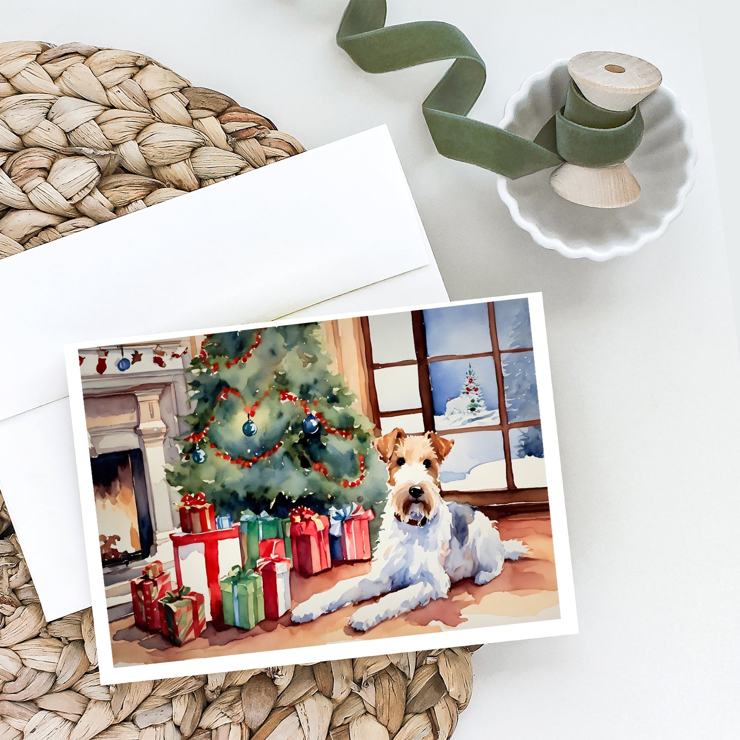 Fox Terrier Cozy Christmas Greeting Cards Pack of 8 Blank Cards with Envelopes Whimsical A7 Size 5x7