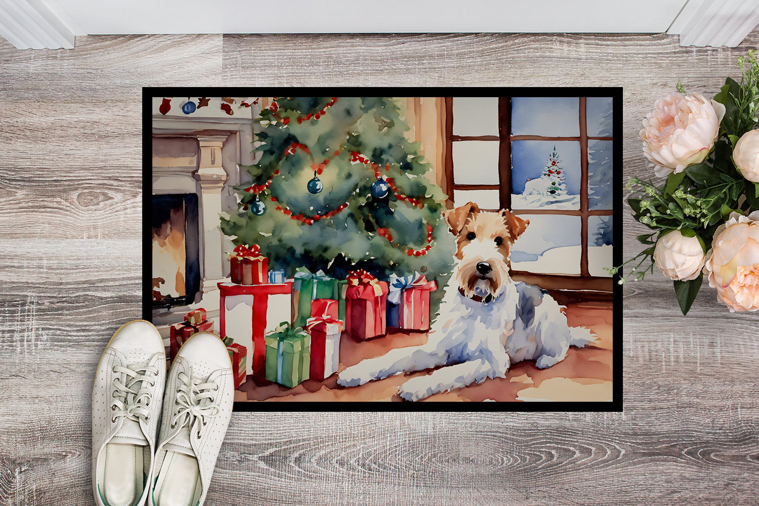 Fox Terrier Cozy Christmas Doormat Indoor Outdoor 24H X 36W Front Door Mat Rugs for Entryway, Non Slip Washable Low Pile,