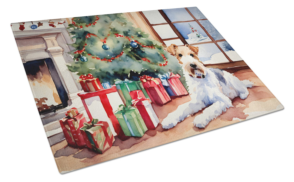 Fox Terrier Cozy Christmas Cutting Board Tempered Glass Kitchen Cutting Surface, Heat Resistant Chopping, Non-Slip Feet, Food Prep & Serving