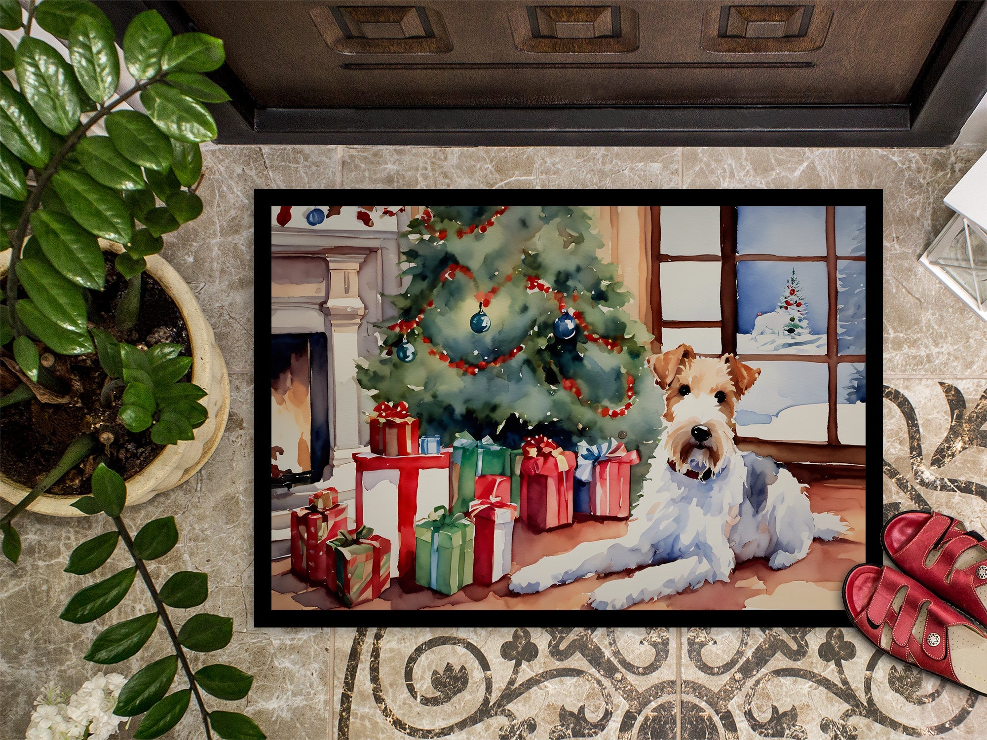 Fox Terrier Cozy Christmas Doormat Indoor Outdoor 18H X 27W Front Door Mat Rugs for Entryway, Non Slip Washable