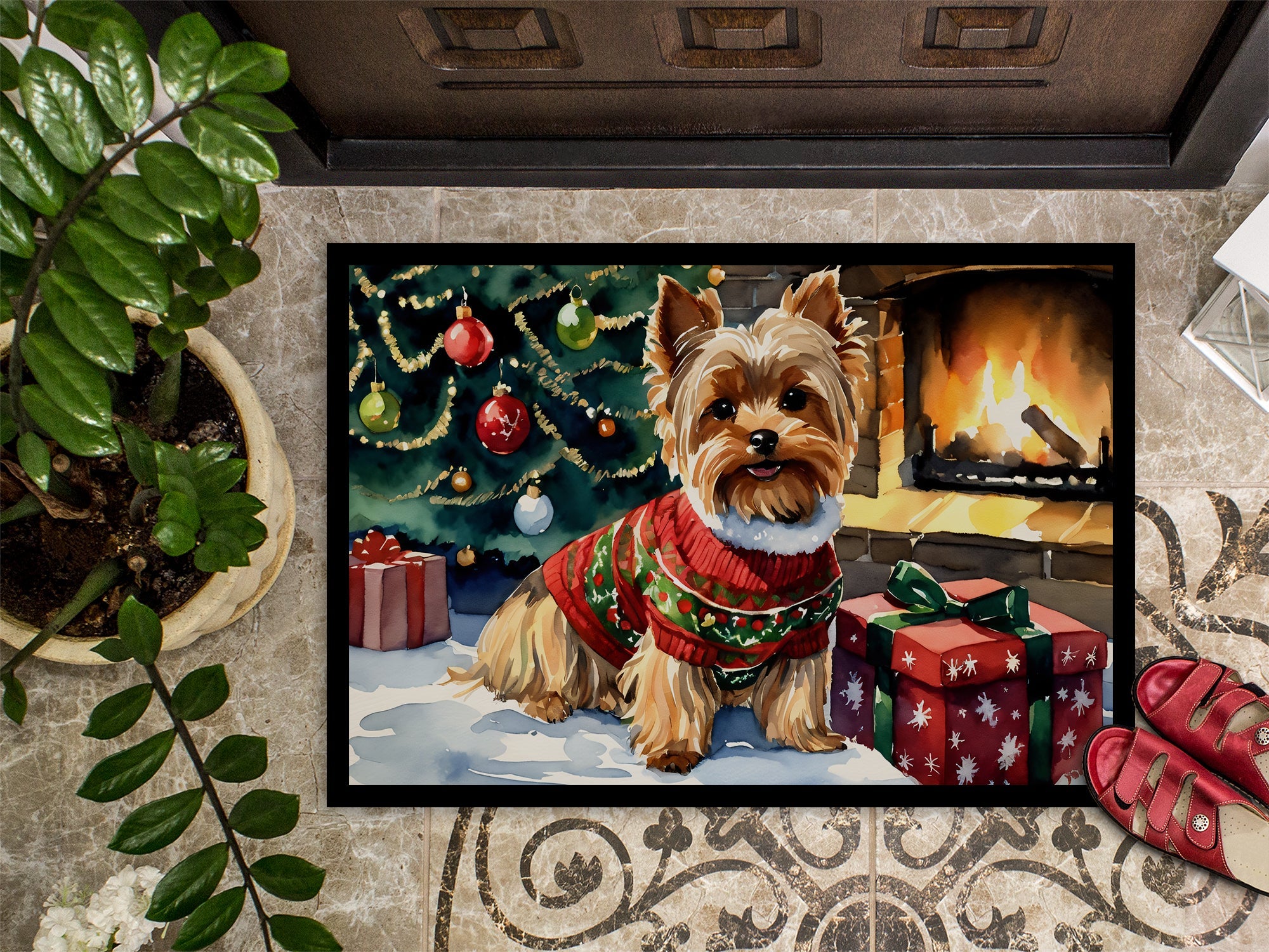 Yorkshire Terrier Cozy Christmas Doormat Indoor Outdoor 24H X 36W Front Door Mat Rugs for Entryway, Non Slip Washable Low Pile,