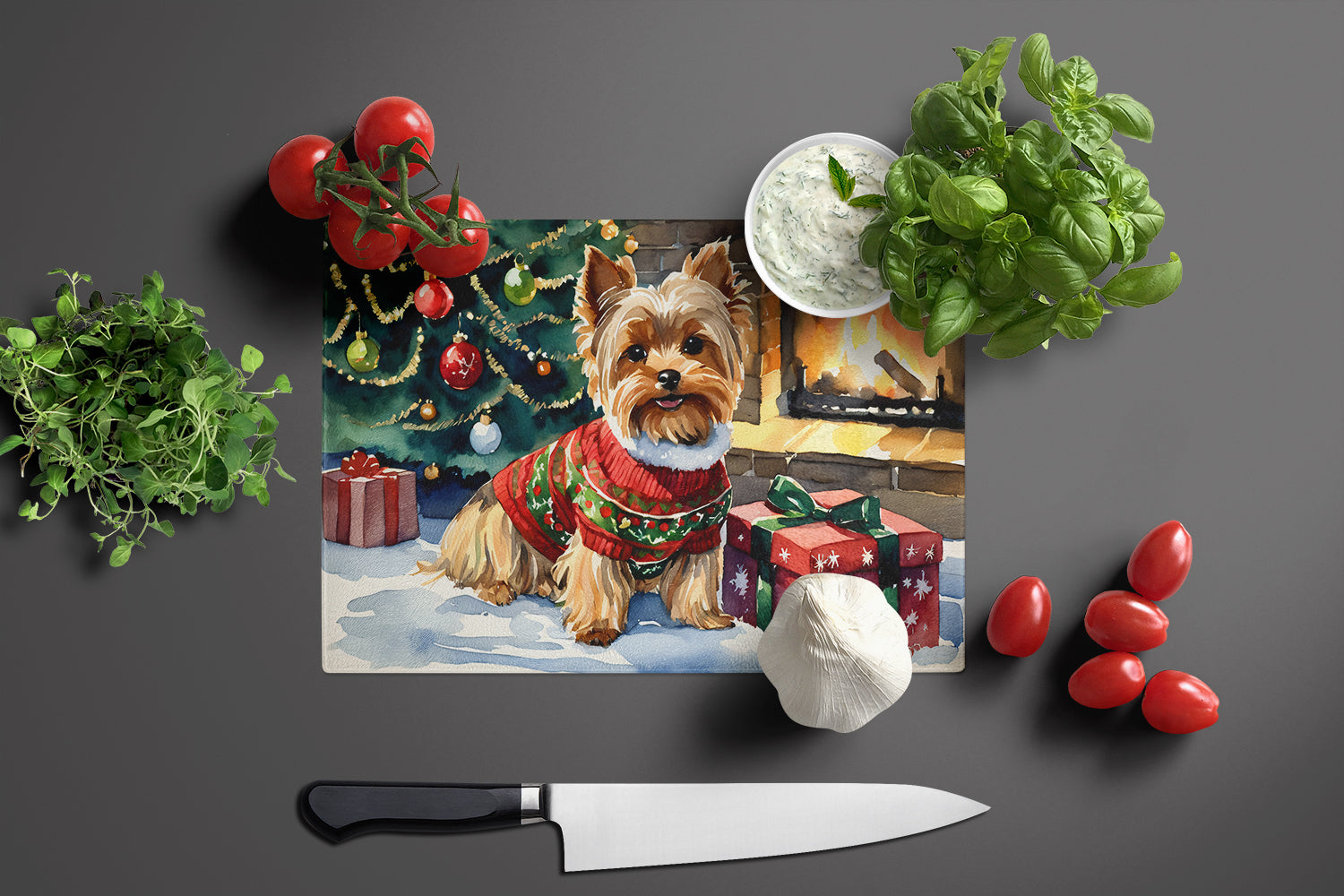 Yorkshire Terrier Cozy Christmas Cutting Board Tempered Glass Kitchen Cutting Surface, Heat Resistant Chopping, Non-Slip Feet, Food Prep & Serving