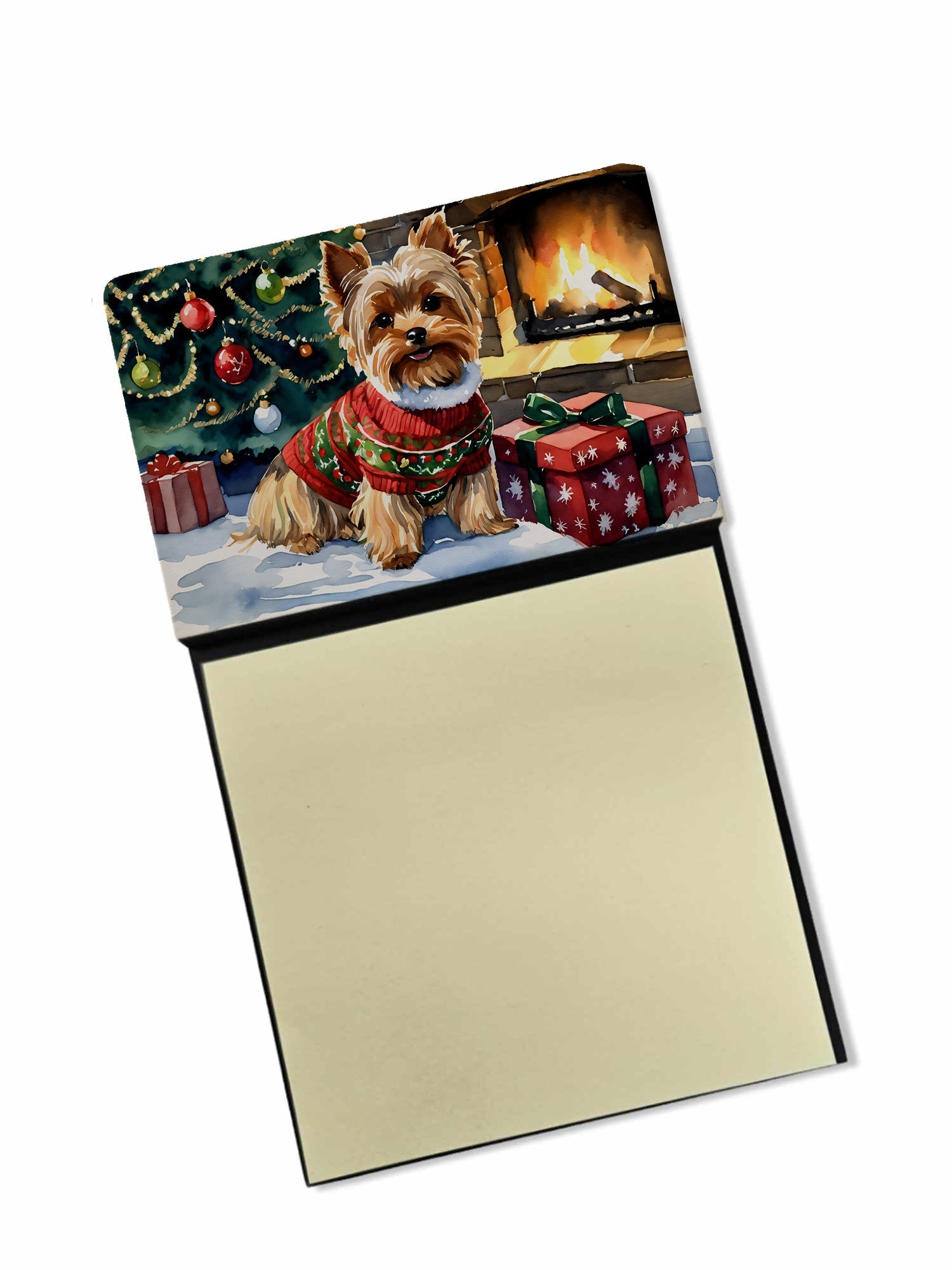 Yorkshire Terrier Cozy Christmas Watercolor Sticky Note Holder Refillable Dispenser Desk Accessory 3x3 Pad Gift