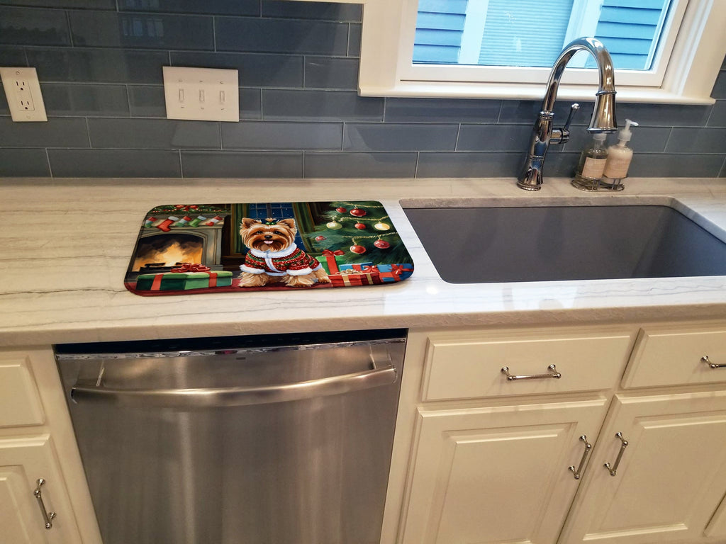 Yorkshire Terrier Cozy Christmas Dish Drying Mat Absorbent Dish Drying Mat Pad for Kitchen Counter Dish Drainer Mat for Countertop, 14 x 21", Multicolor
