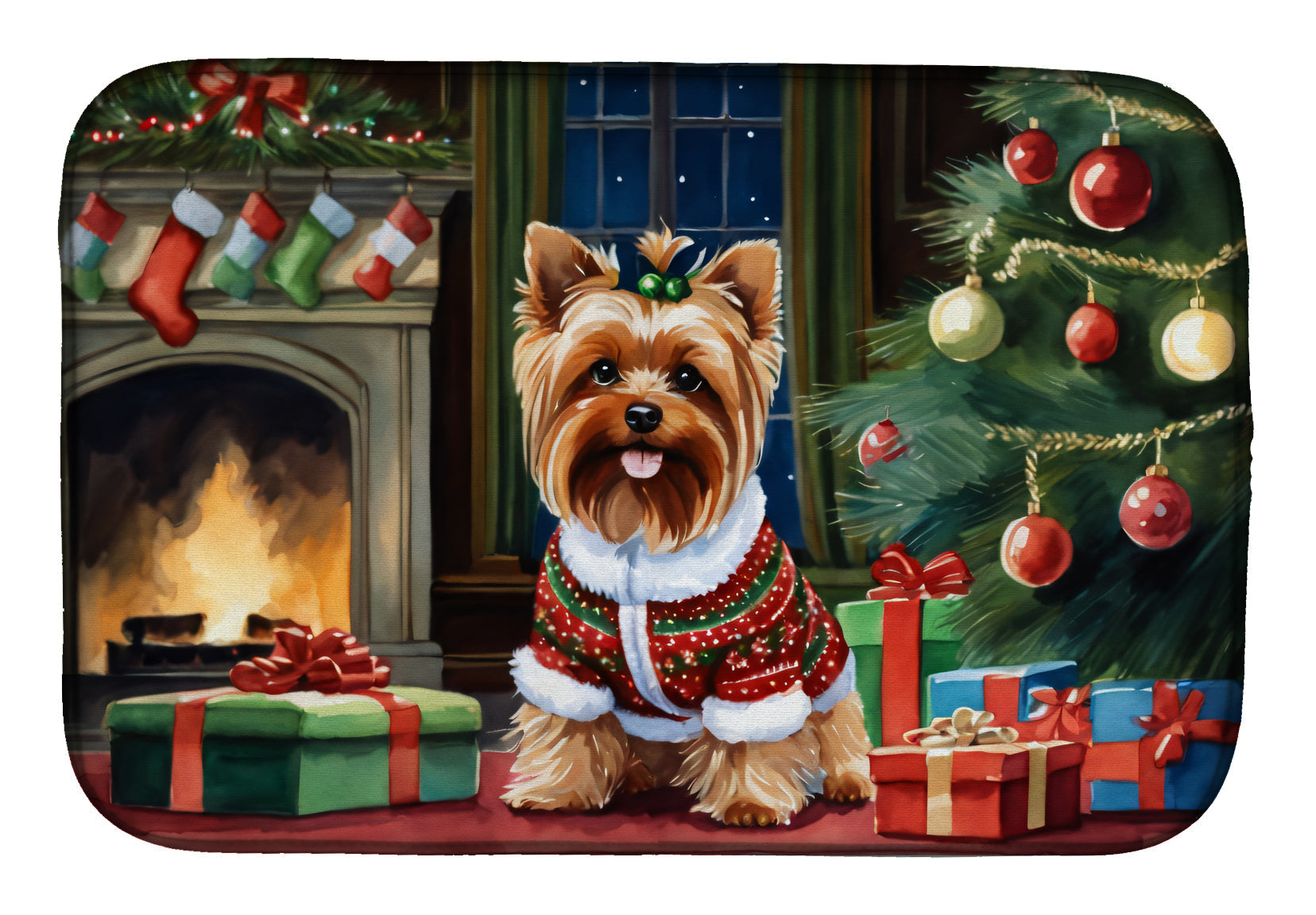 Yorkshire Terrier Cozy Christmas Dish Drying Mat Absorbent Dish Drying Mat Pad for Kitchen Counter Dish Drainer Mat for Countertop, 14 x 21", Multicolor