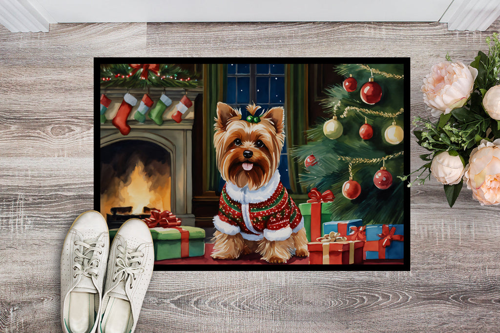 Yorkshire Terrier Cozy Christmas Doormat Indoor Outdoor 24H X 36W Front Door Mat Rugs for Entryway, Non Slip Washable Low Pile,