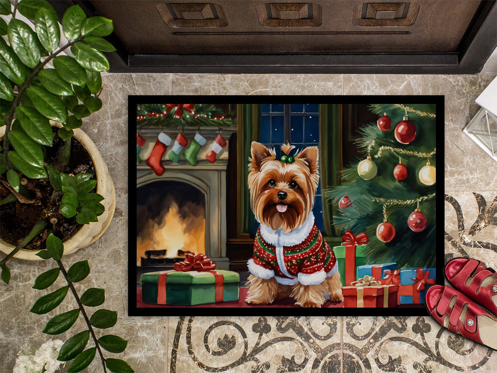Yorkshire Terrier Cozy Christmas Doormat Indoor Outdoor 24H X 36W Front Door Mat Rugs for Entryway, Non Slip Washable Low Pile,
