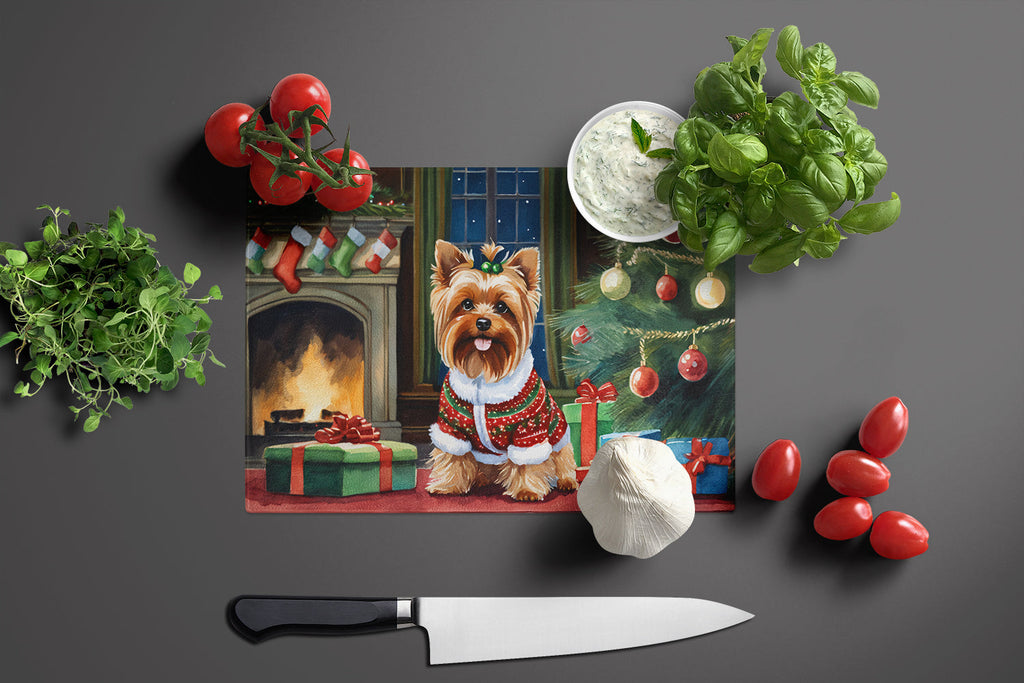 Yorkshire Terrier Cozy Christmas Cutting Board Tempered Glass Kitchen Cutting Surface, Heat Resistant Chopping, Non-Slip Feet, Food Prep & Serving