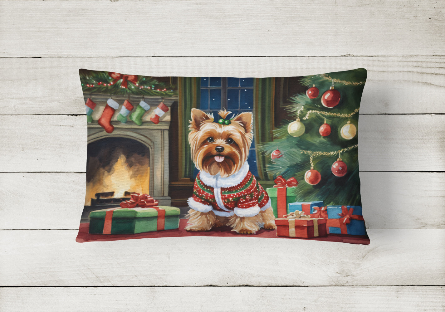 Yorkshire Terrier Cozy Christmas Decorative Throw Pillow 12x16 Indoor Outdoor Accent Cushion, Fabric Cover with Insert for Sofa, Bed, Porch & Living Room