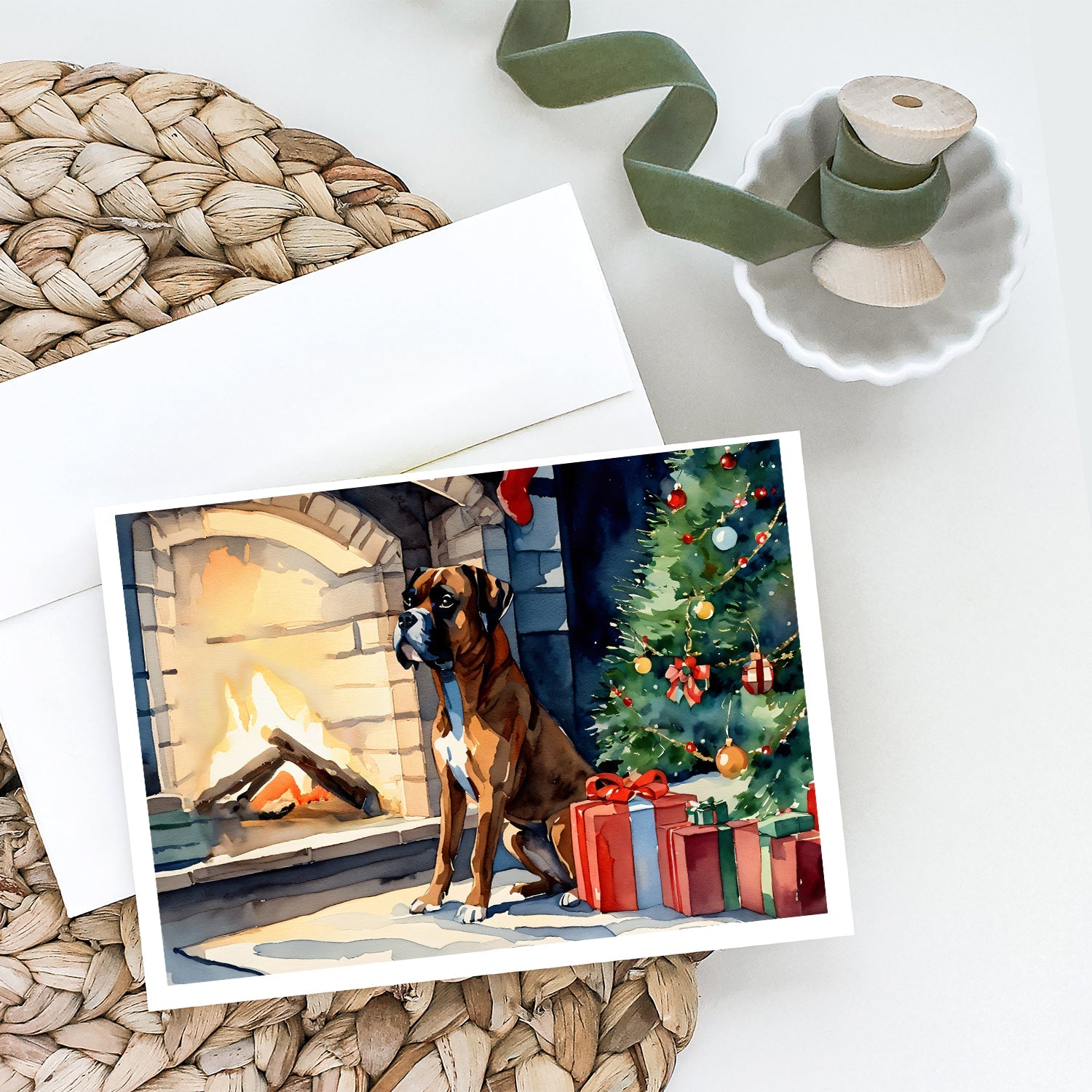 Boxer Cozy Christmas Greeting Cards Pack of 8 Blank Cards with Envelopes Whimsical A7 Size 5x7