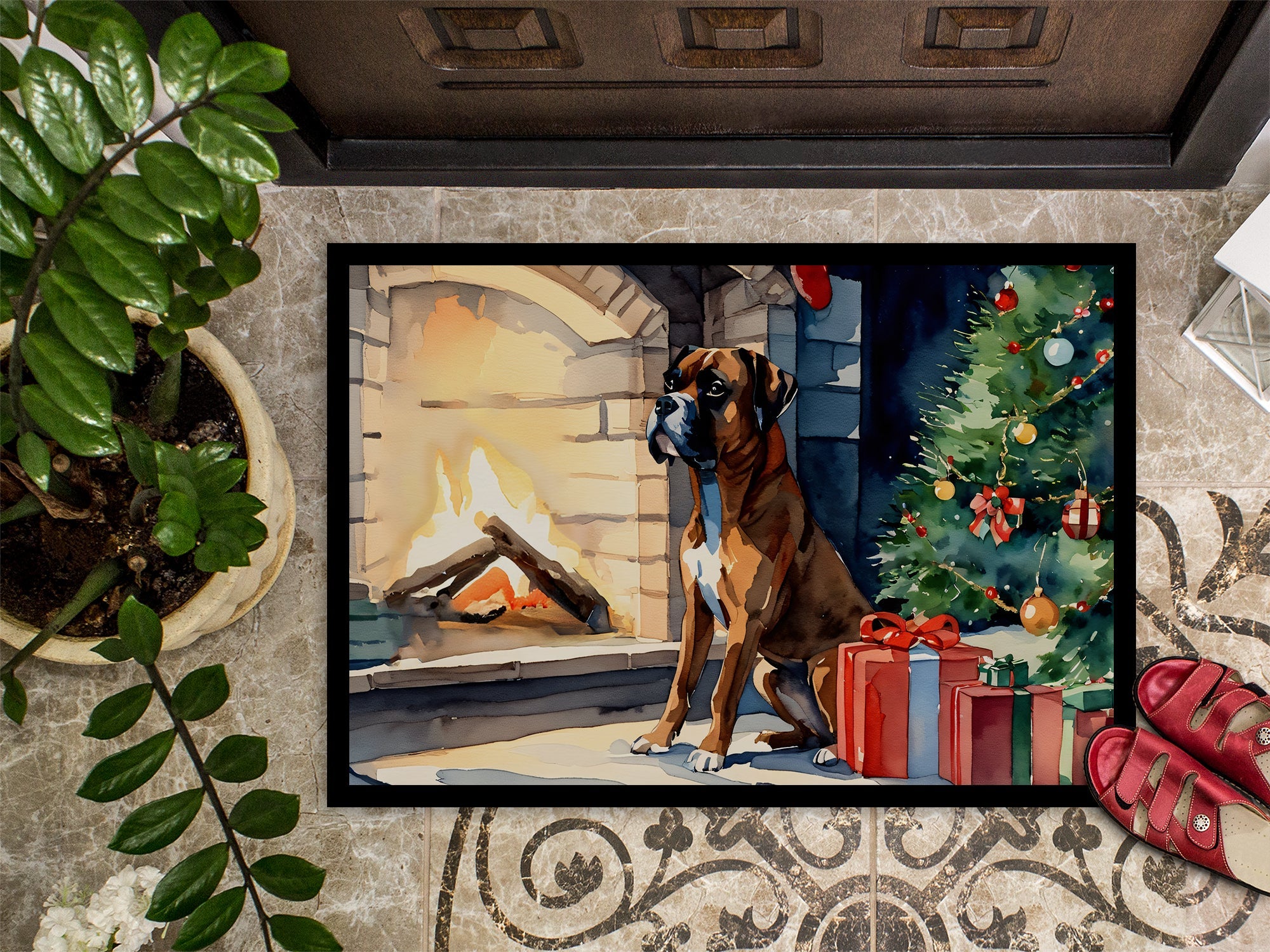 Boxer Cozy Christmas Doormat Indoor Outdoor 24H X 36W Front Door Mat Rugs for Entryway, Non Slip Washable Low Pile,