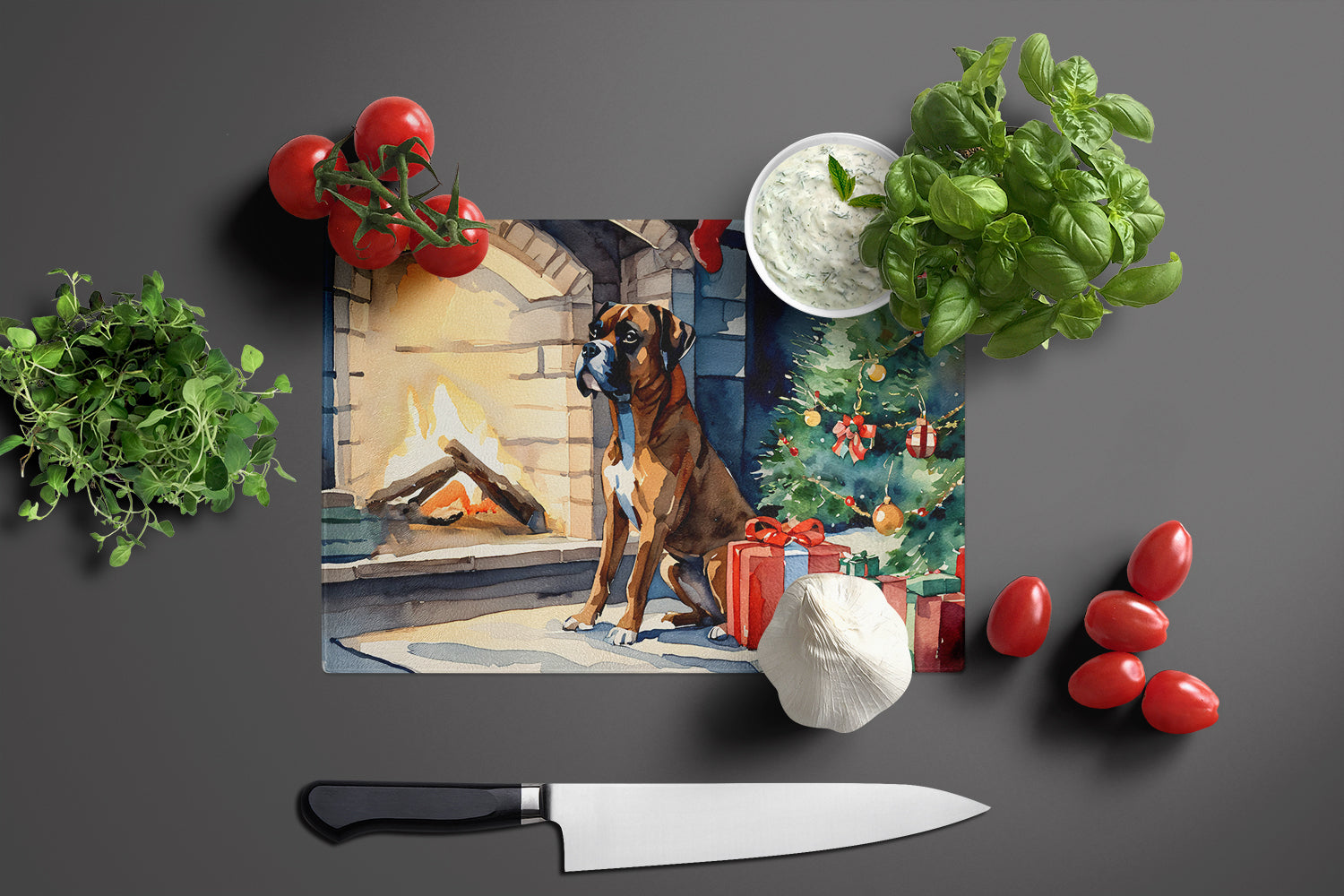 Boxer Cozy Christmas Cutting Board Tempered Glass Kitchen Cutting Surface, Heat Resistant Chopping, Non-Slip Feet, Food Prep & Serving
