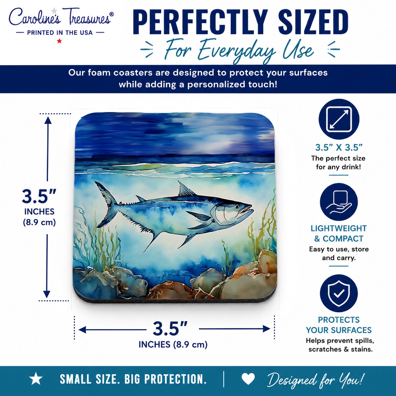 Bluefin Tuna Foam Coasters Set of 4 Cup Coasters for Indoor Outdoor, Tabletop Protection, Anti Slip, Mouse pad Material