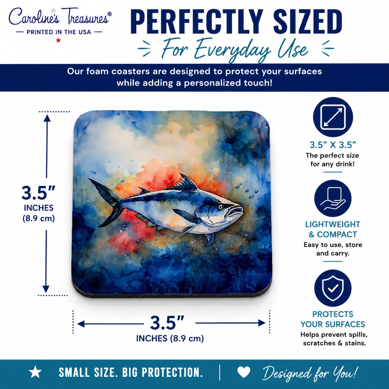 Bluefin Tuna Foam Coasters Set of 4 Cup Coasters for Indoor Outdoor, Tabletop Protection, Anti Slip, Mouse pad Material