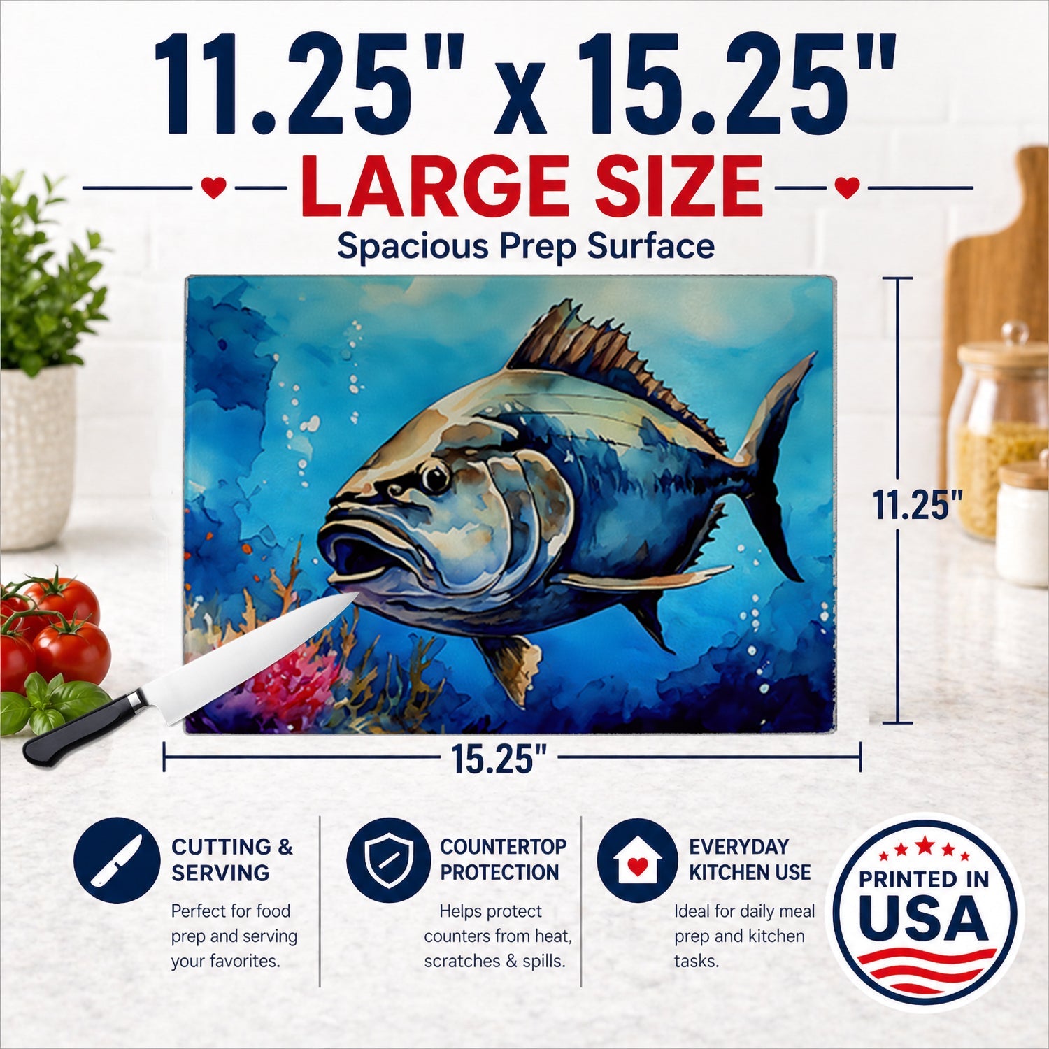 Bluefin Tuna Cutting Board Tempered Glass Kitchen Cutting Surface, Heat Resistant Chopping, Non-Slip Feet, Food Prep & Serving