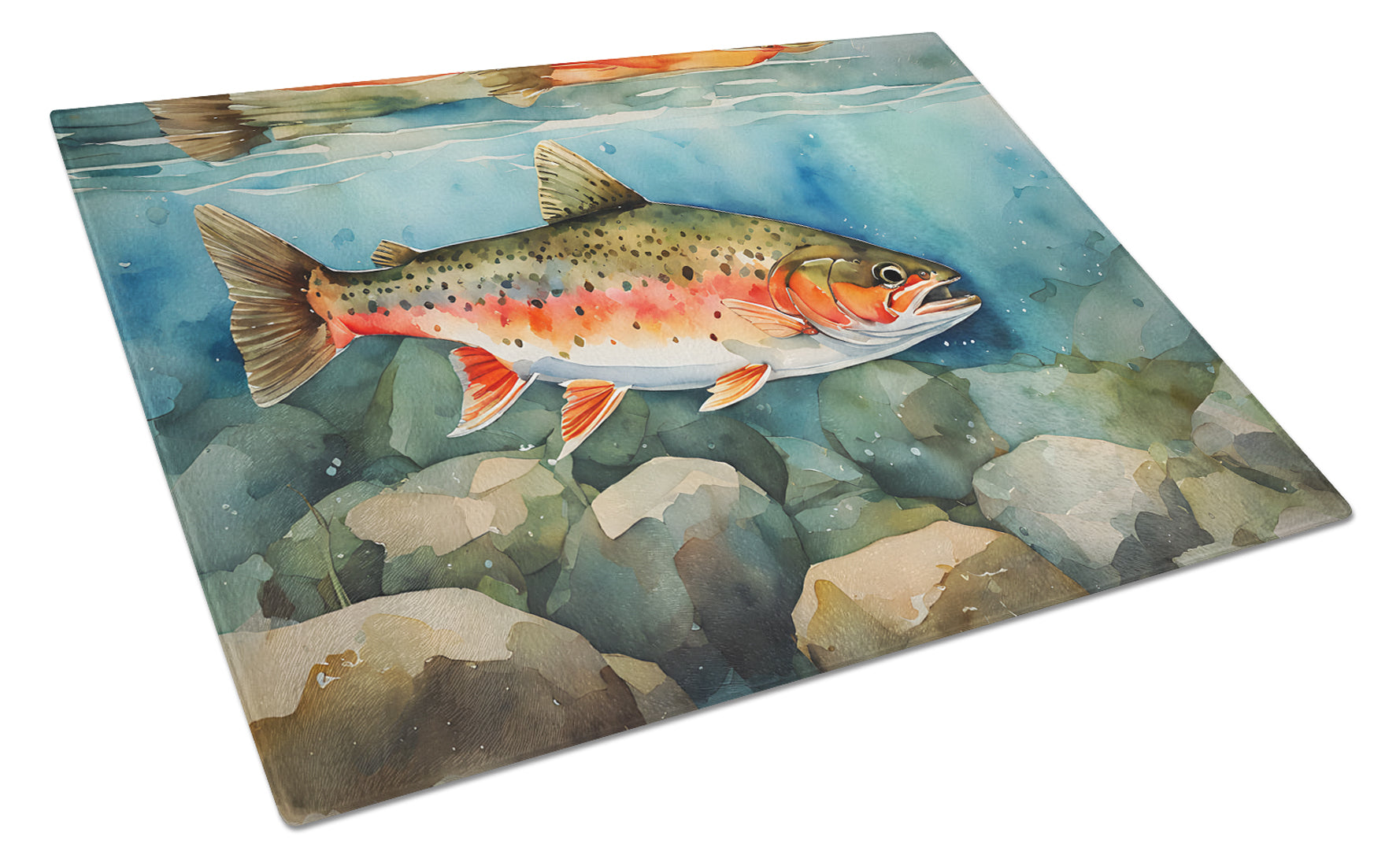 Brook Trout Cutting Board Tempered Glass Kitchen Cutting Surface, Heat Resistant Chopping, Non-Slip Feet, Food Prep & Serving
