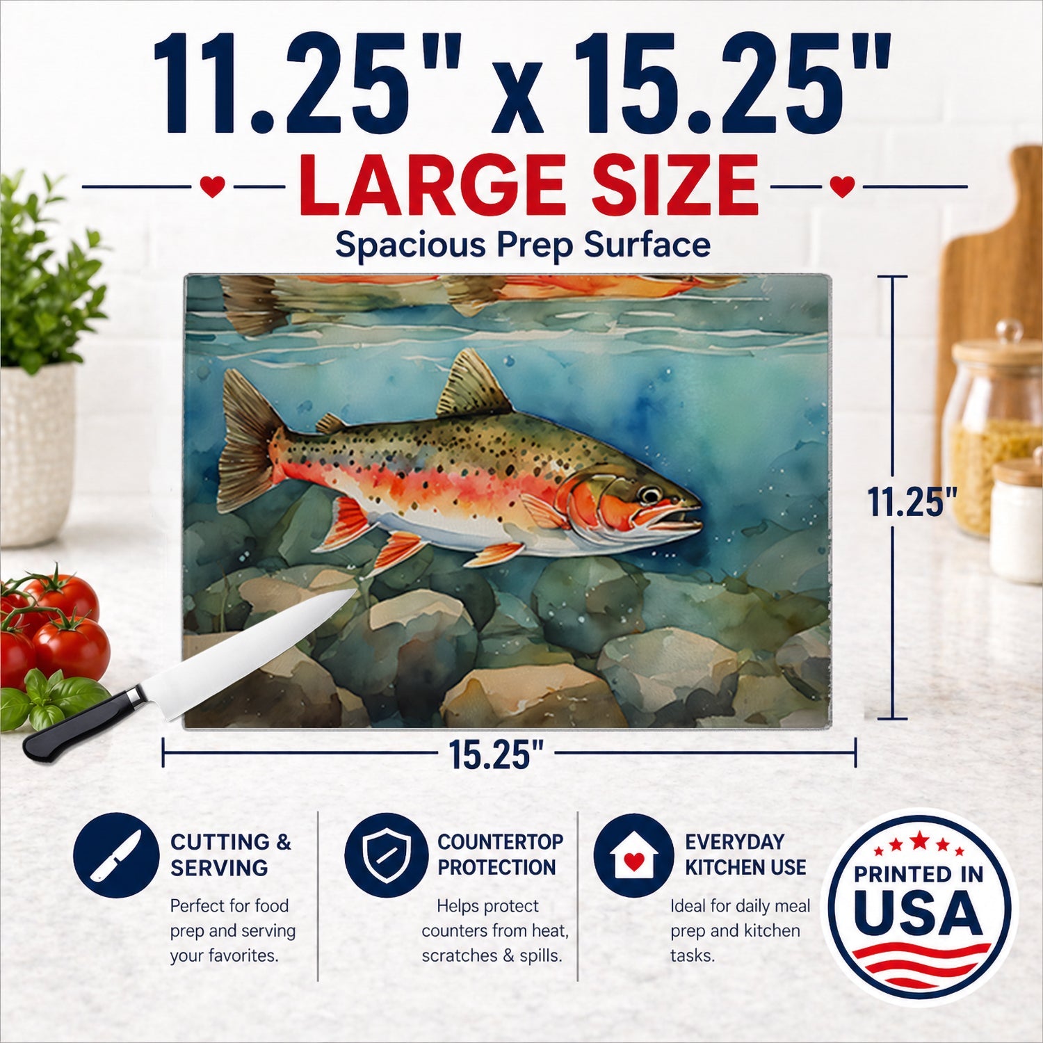 Brook Trout Cutting Board Tempered Glass Kitchen Cutting Surface, Heat Resistant Chopping, Non-Slip Feet, Food Prep & Serving