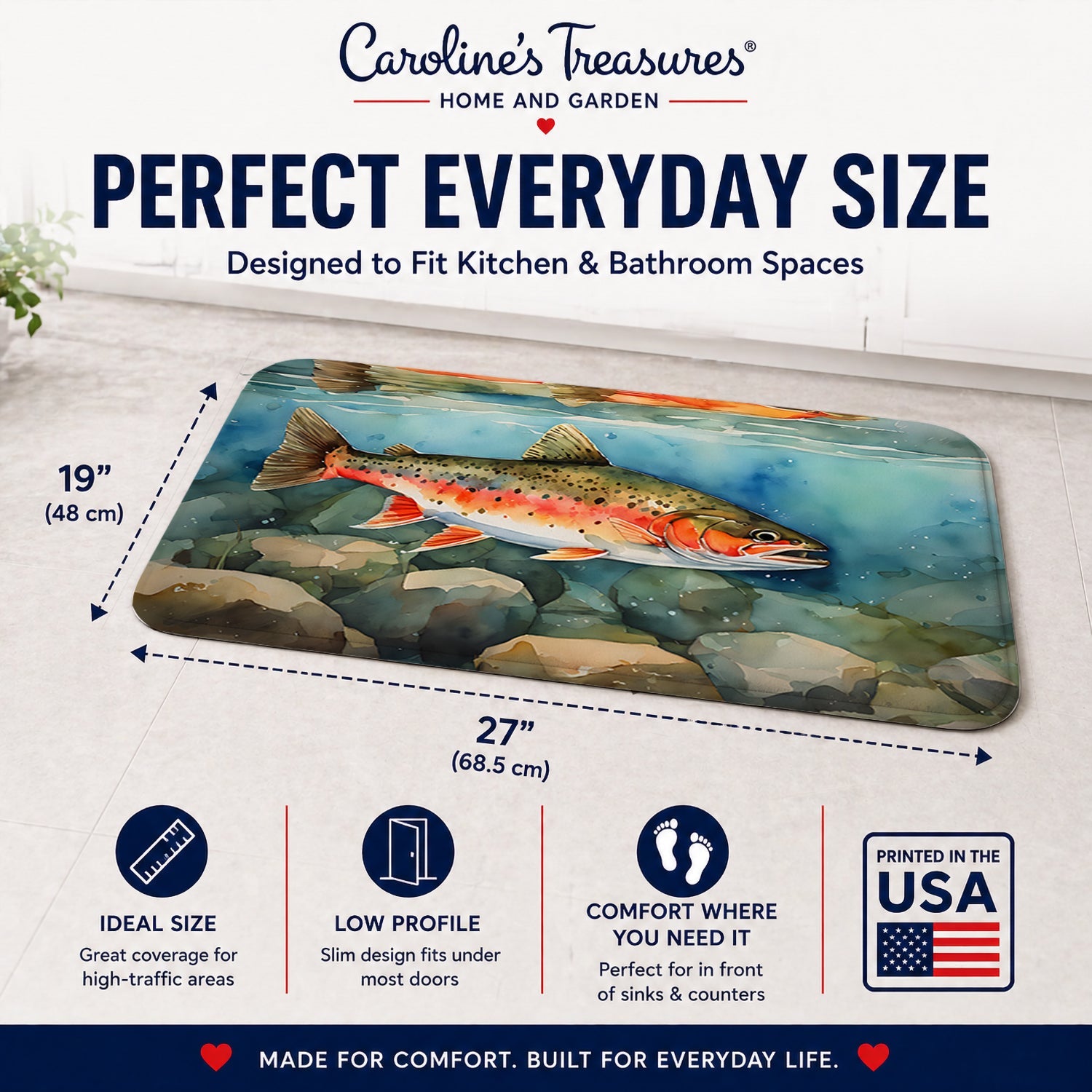 Brook Trout Memory Foam Kitchen Mat Machine Washable Anti-Fatigue Cushion Comfort Bath or Kitchen Rug