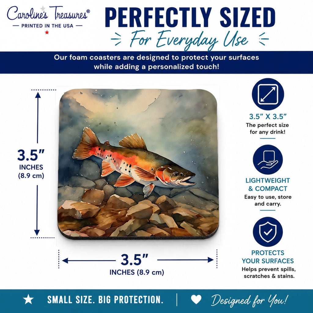 Brook Trout Foam Coasters Set of 4 Cup Coasters for Indoor Outdoor, Tabletop Protection, Anti Slip, Mouse pad Material