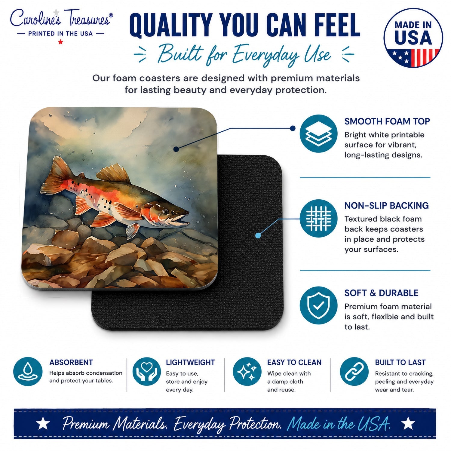 Brook Trout Foam Coasters Set of 4 Cup Coasters for Indoor Outdoor, Tabletop Protection, Anti Slip, Mouse pad Material