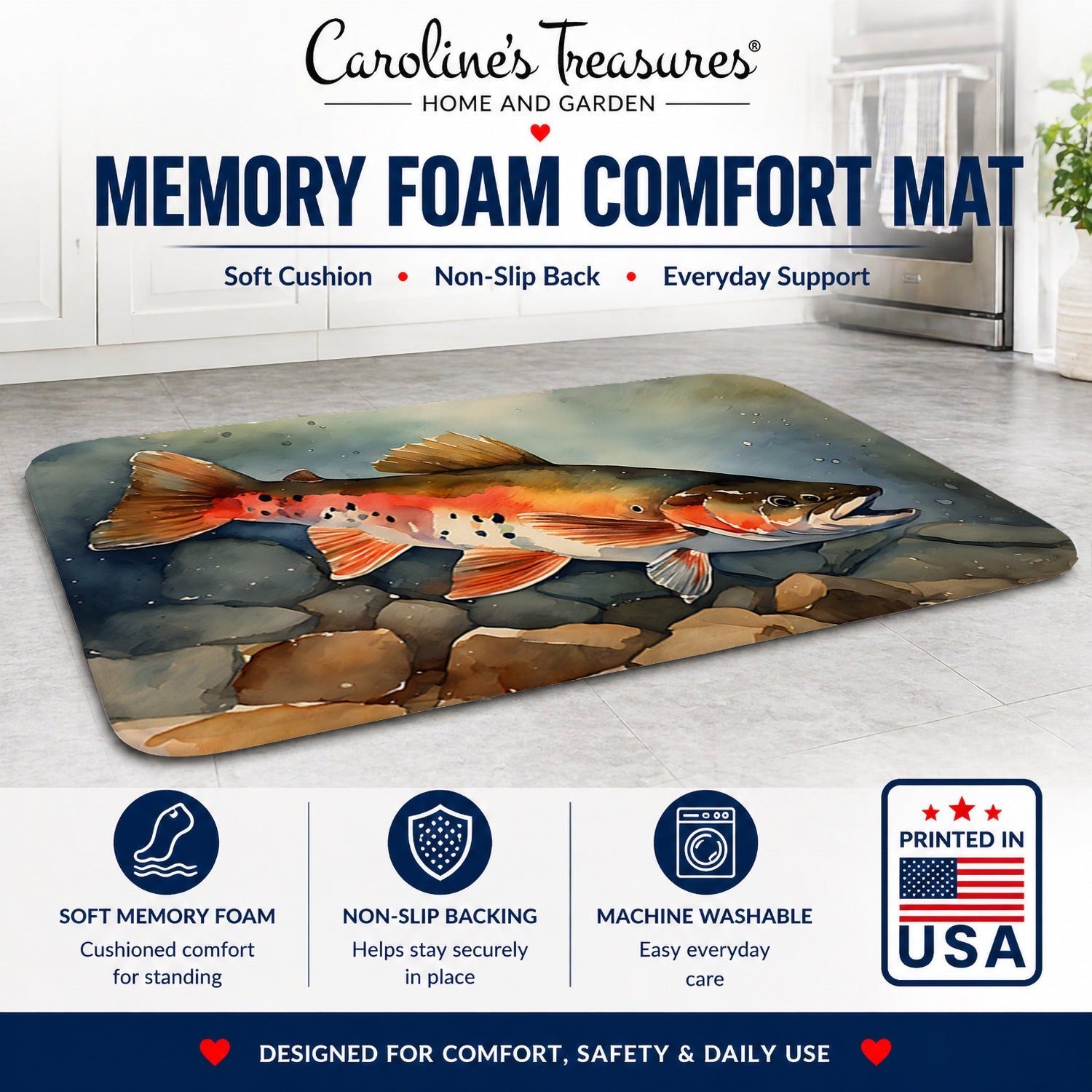Brook Trout Memory Foam Kitchen Mat Machine Washable Anti-Fatigue Cushion Comfort Bath or Kitchen Rug