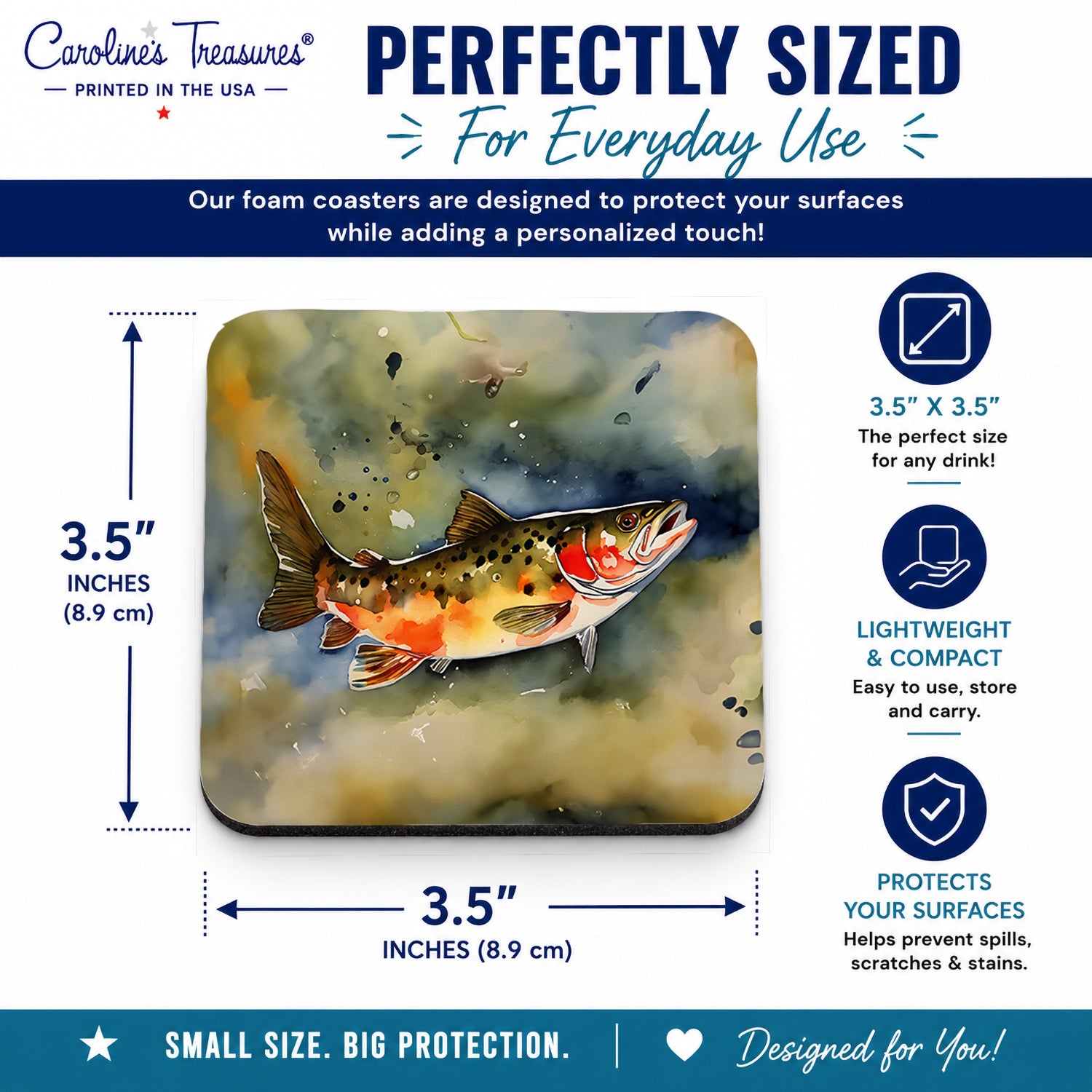 Brook Trout Foam Coasters Set of 4 Cup Coasters for Indoor Outdoor, Tabletop Protection, Anti Slip, Mouse pad Material