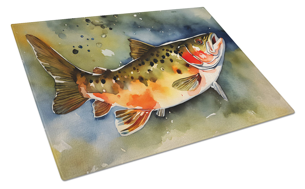 Brook Trout Cutting Board Tempered Glass Kitchen Cutting Surface, Heat Resistant Chopping, Non-Slip Feet, Food Prep & Serving