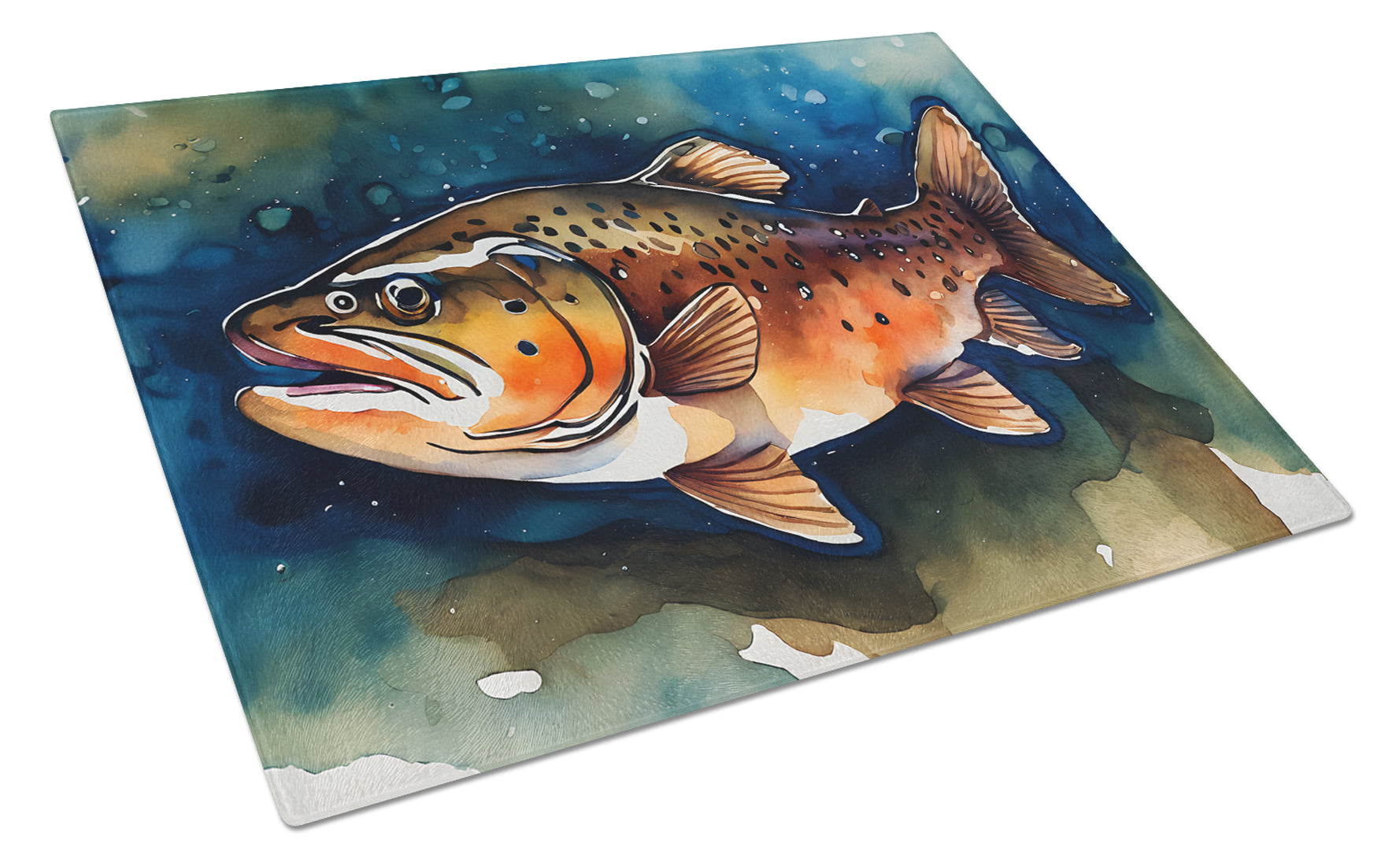 Brown Trout Cutting Board Tempered Glass Kitchen Cutting Surface, Heat Resistant Chopping, Non-Slip Feet, Food Prep & Serving
