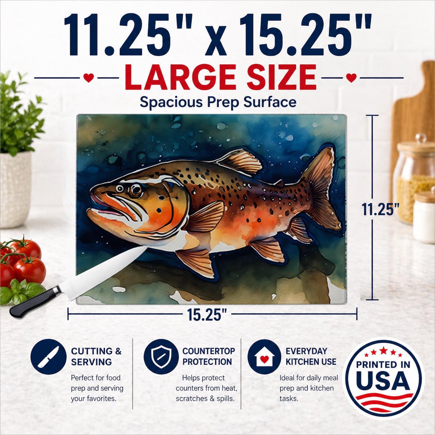 Brown Trout Cutting Board Tempered Glass Kitchen Cutting Surface, Heat Resistant Chopping, Non-Slip Feet, Food Prep & Serving