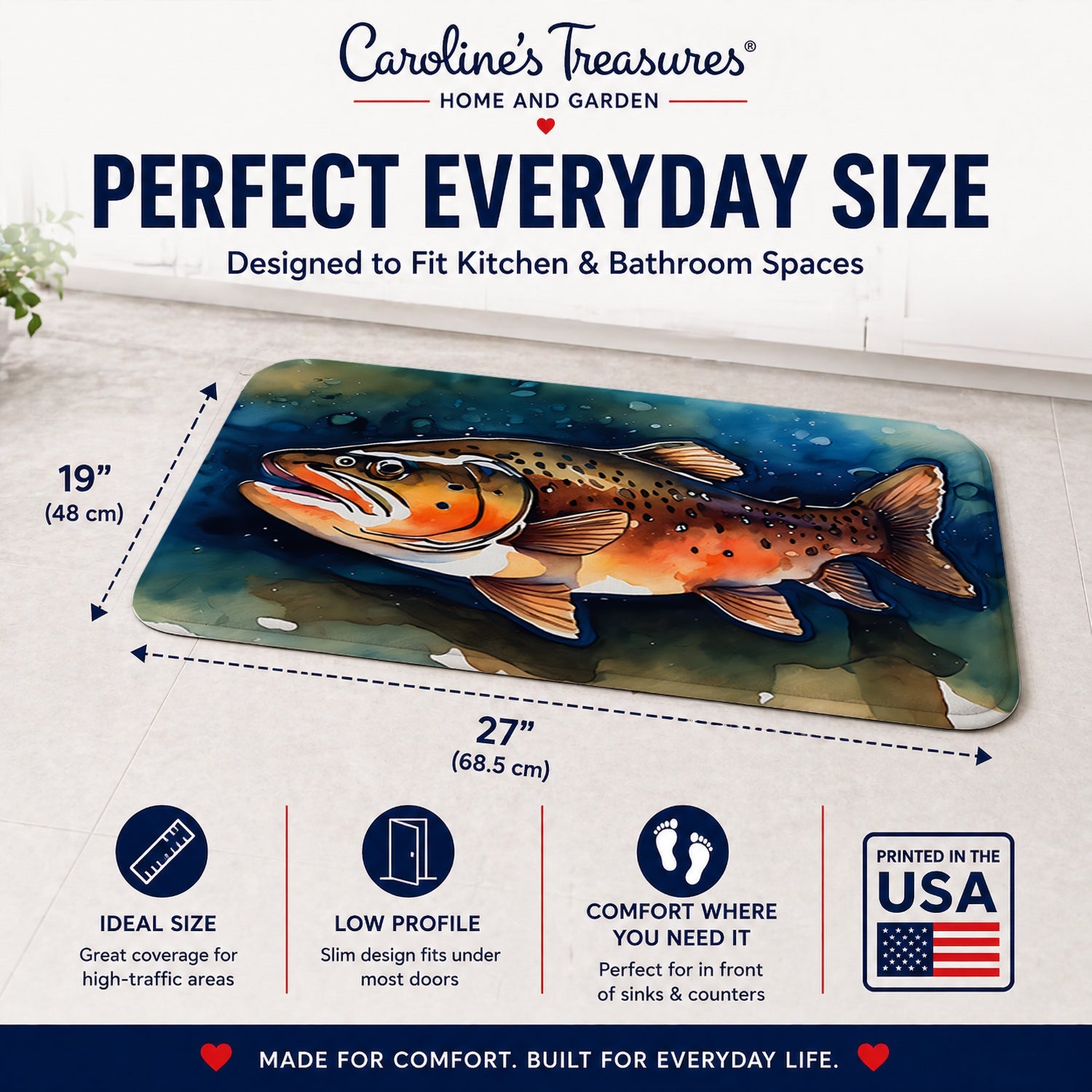 Brown Trout Memory Foam Kitchen Mat Machine Washable Anti-Fatigue Cushion Comfort Bath or Kitchen Rug