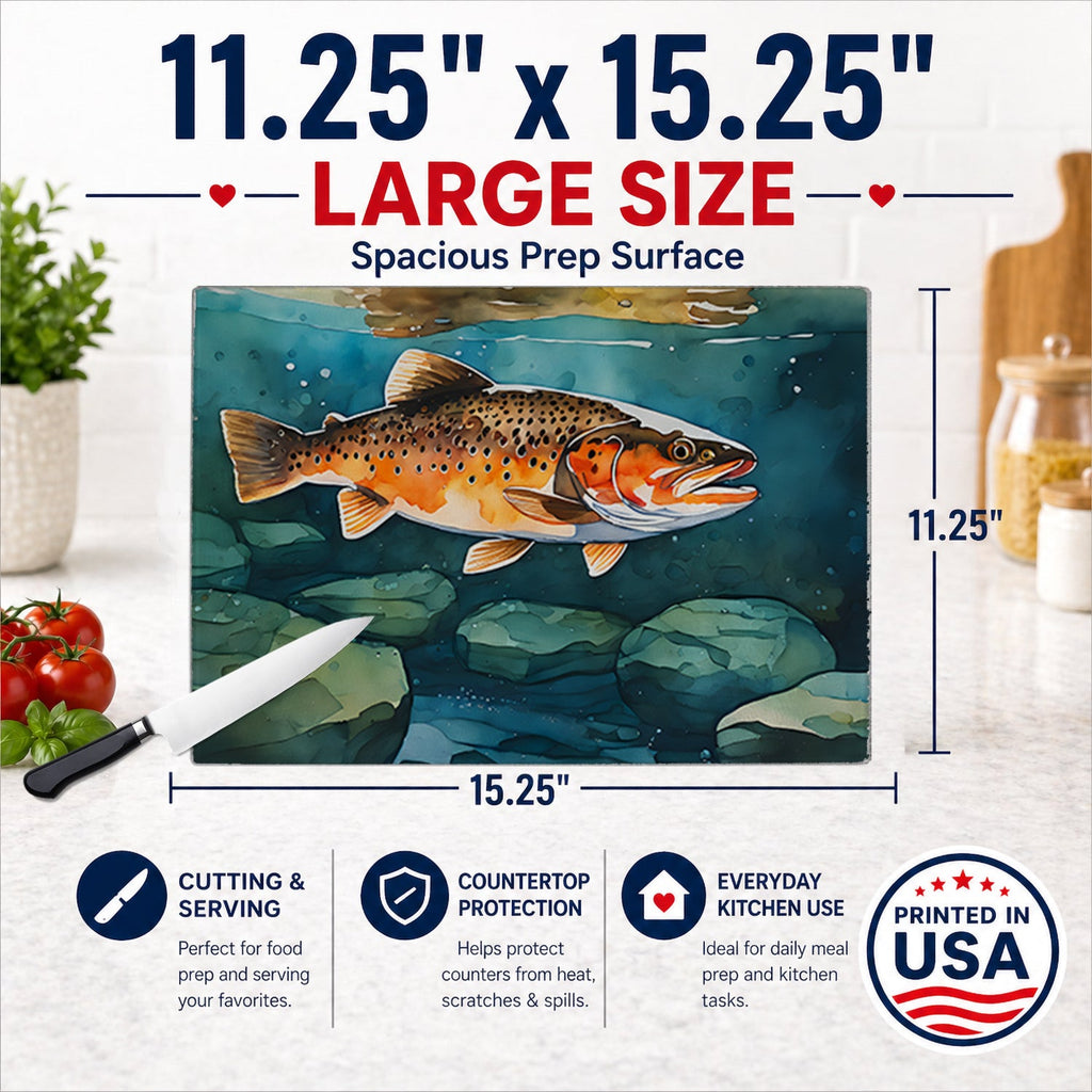 Brown Trout Cutting Board Tempered Glass Kitchen Cutting Surface, Heat Resistant Chopping, Non-Slip Feet, Food Prep & Serving