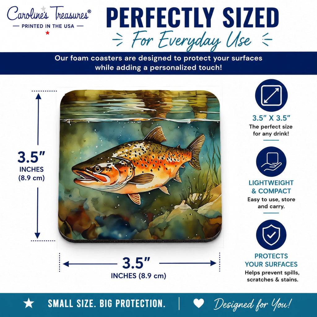 Brown Trout Foam Coasters Set of 4 Cup Coasters for Indoor Outdoor, Tabletop Protection, Anti Slip, Mouse pad Material