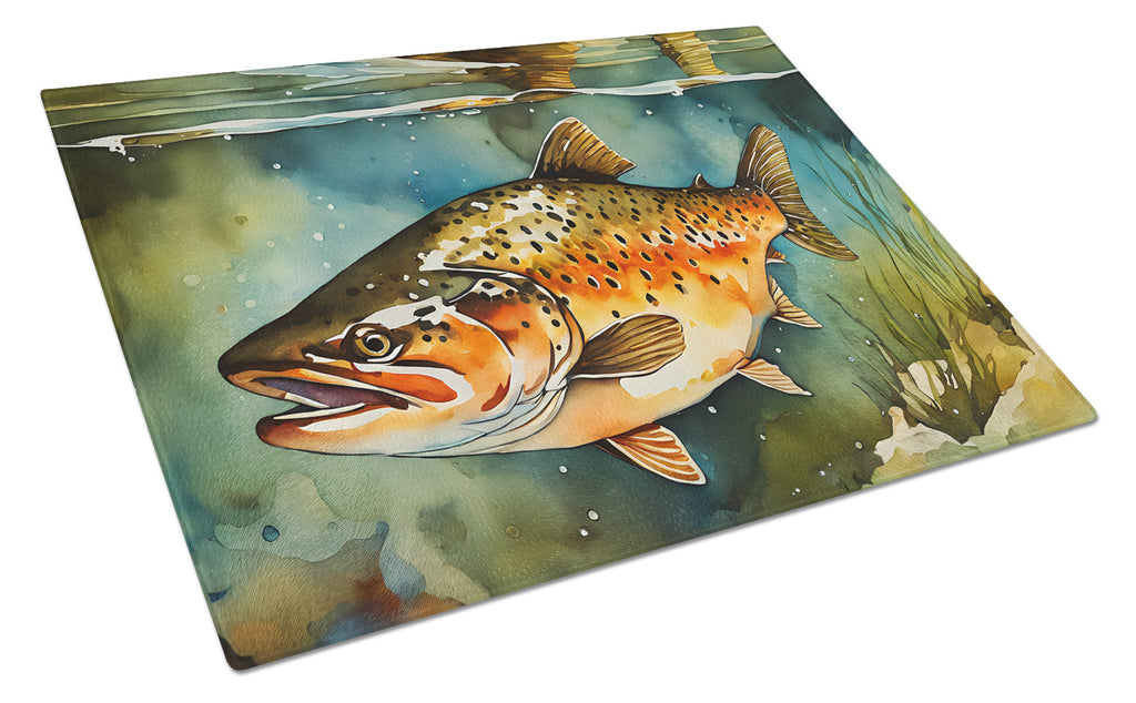 Brown Trout Cutting Board Tempered Glass Kitchen Cutting Surface, Heat Resistant Chopping, Non-Slip Feet, Food Prep & Serving
