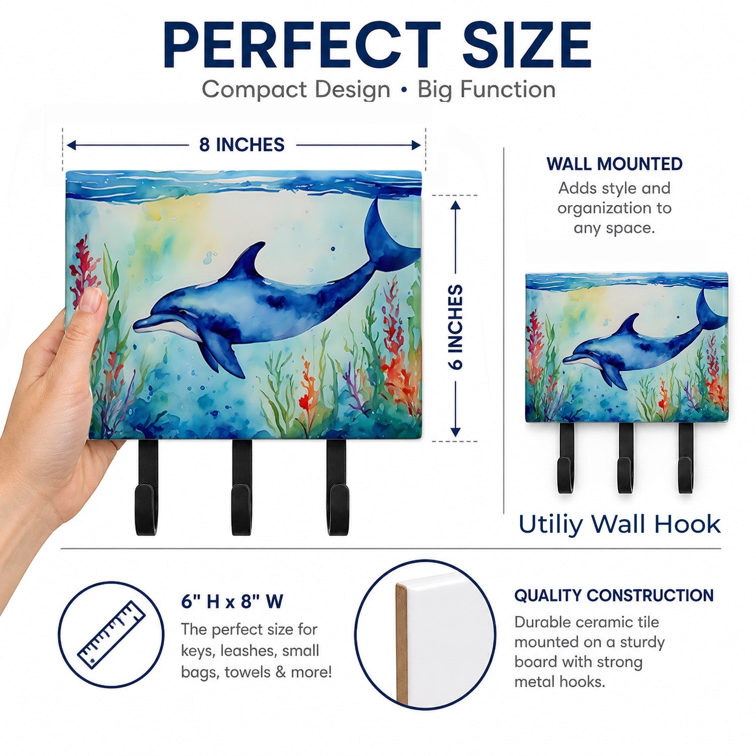 Dolphin Leash or Key Holder Wall Hooks, Coat Rack Wall Mount, for Hanging Keys, Towels, Aprons, Leashes