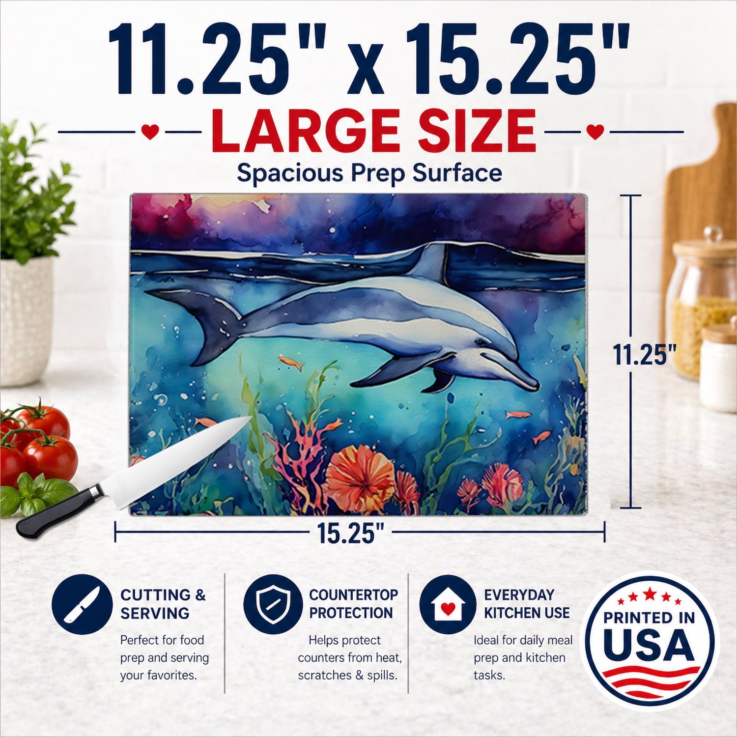 Dolphin Cutting Board Tempered Glass Kitchen Cutting Surface, Heat Resistant Chopping, Non-Slip Feet, Food Prep & Serving