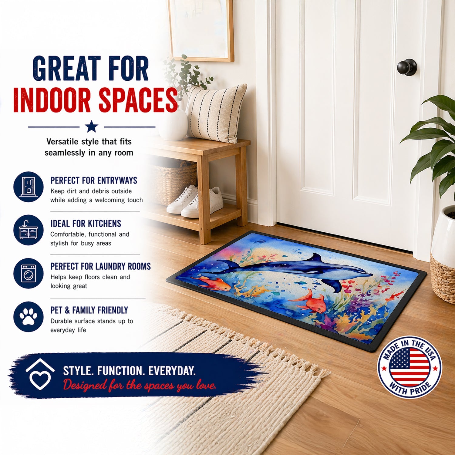 Dolphin Doormat Indoor Outdoor 24H X 36W Front Door Mat Rugs for Entryway, Non Slip Washable Low Pile,