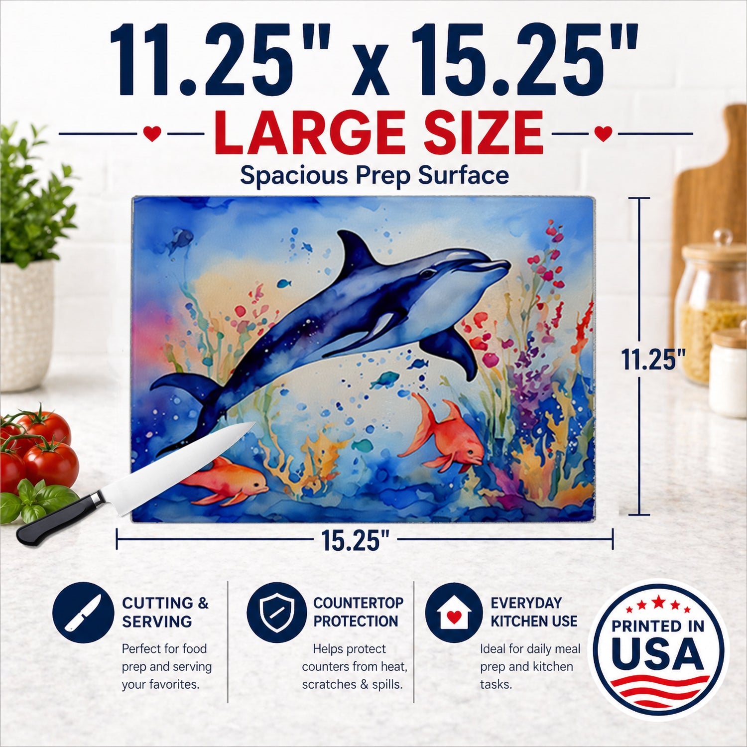 Dolphin Cutting Board Tempered Glass Kitchen Cutting Surface, Heat Resistant Chopping, Non-Slip Feet, Food Prep & Serving