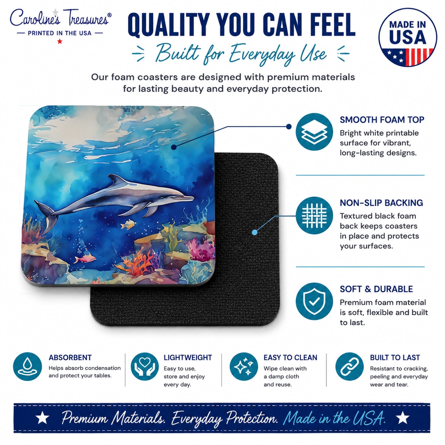 Dolphin Foam Coasters Set of 4 Cup Coasters for Indoor Outdoor, Tabletop Protection, Anti Slip, Mouse pad Material