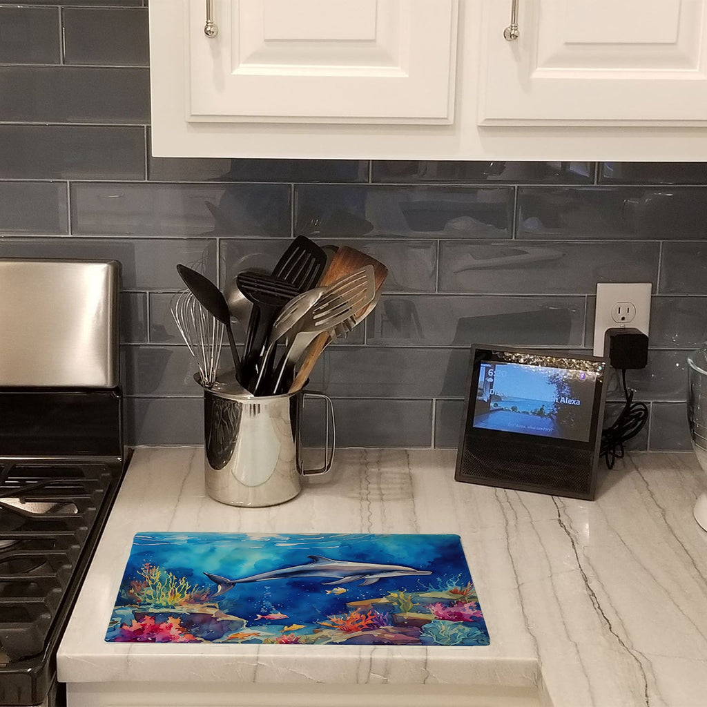 Dolphin Cutting Board Tempered Glass Kitchen Cutting Surface, Heat Resistant Chopping, Non-Slip Feet, Food Prep & Serving