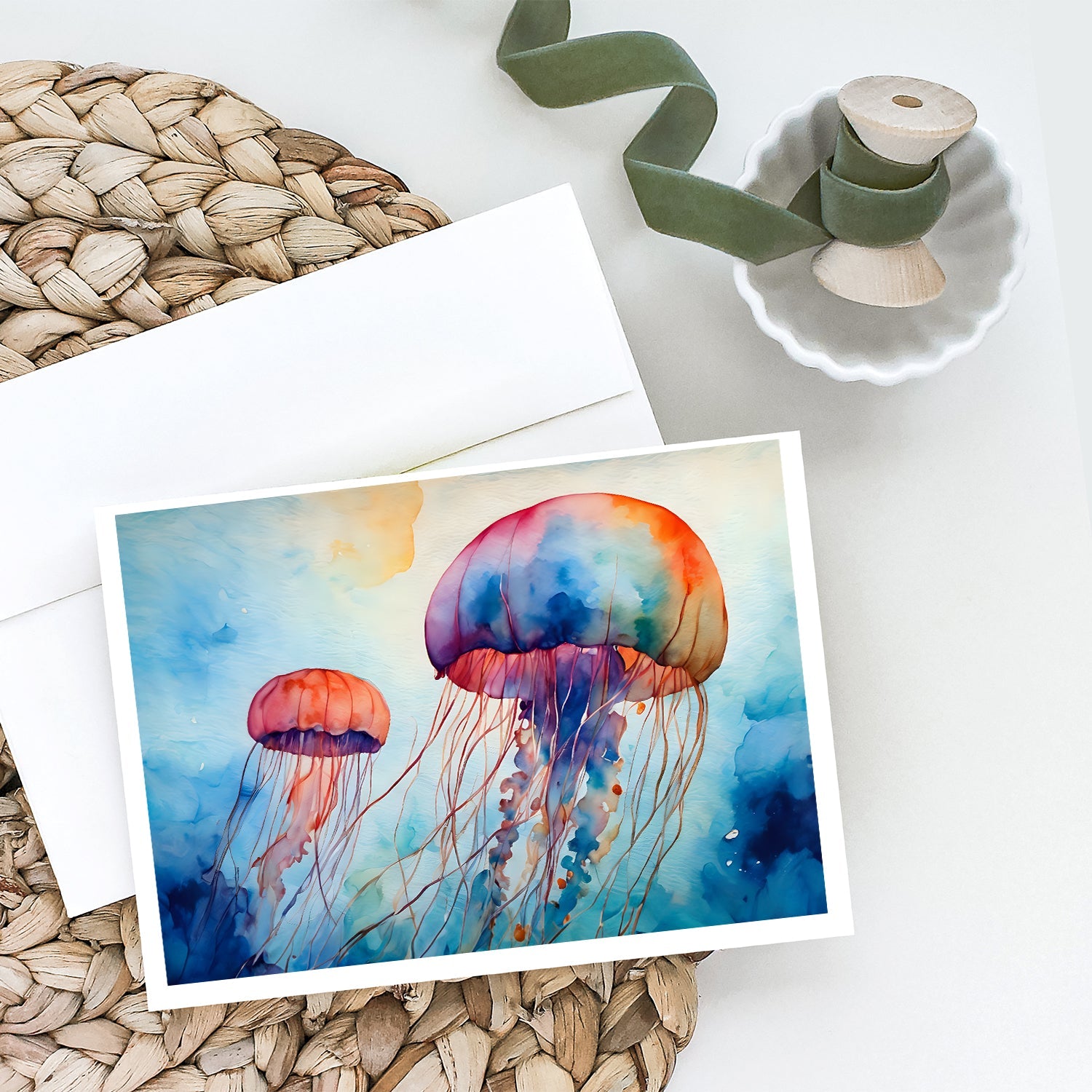 Jellyfish Greeting Cards Pack of 8 Blank Cards with Envelopes Whimsical A7 Size 5x7