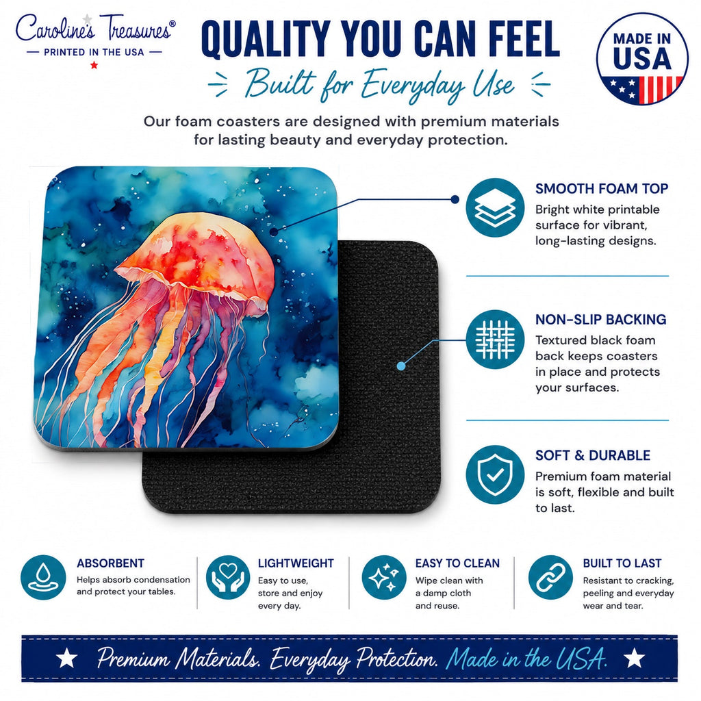 Jellyfish Foam Coasters Set of 4 Cup Coasters for Indoor Outdoor, Tabletop Protection, Anti Slip, Mouse pad Material