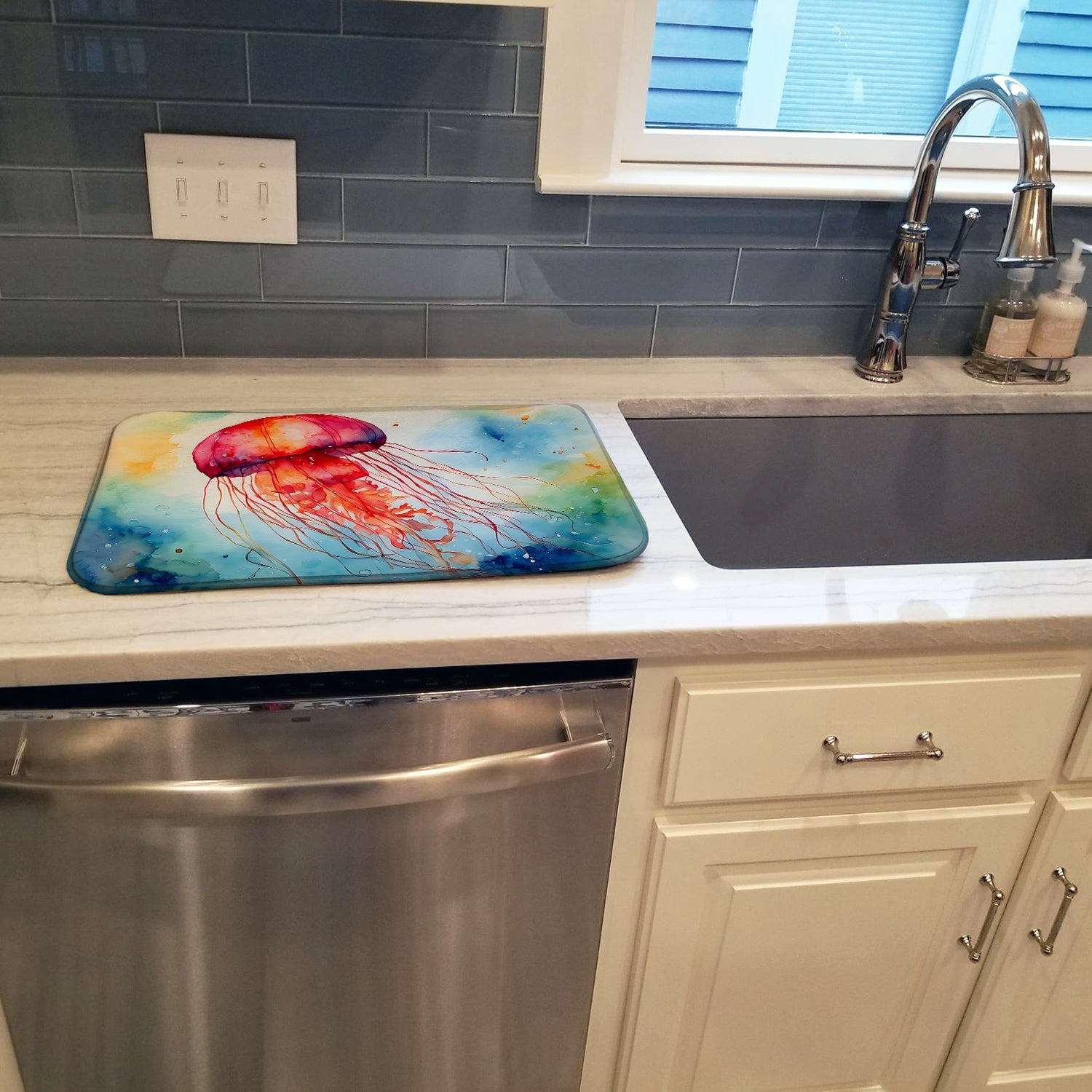 Jellyfish Dish Drying Mat Absorbent Dish Drying Mat Pad for Kitchen Counter Dish Drainer Mat for Countertop, 14 x 21", Multicolor