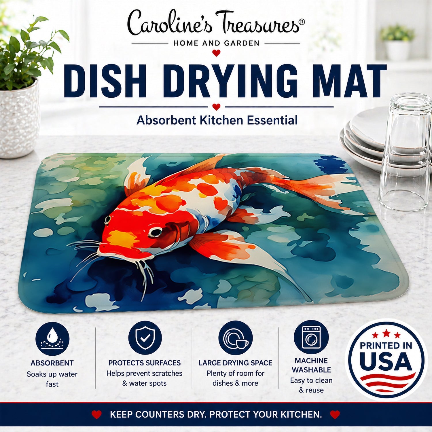 Koi Fish Dish Drying Mat Absorbent Dish Drying Mat Pad for Kitchen Counter Dish Drainer Mat for Countertop, 14 x 21", Multicolor