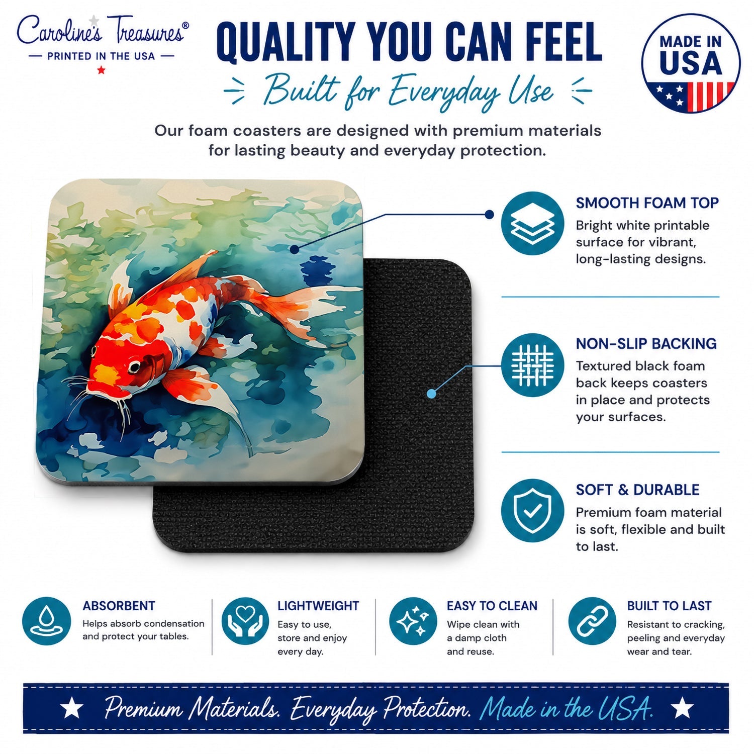 Koi Fish Foam Coasters Set of 4 Cup Coasters for Indoor Outdoor, Tabletop Protection, Anti Slip, Mouse pad Material