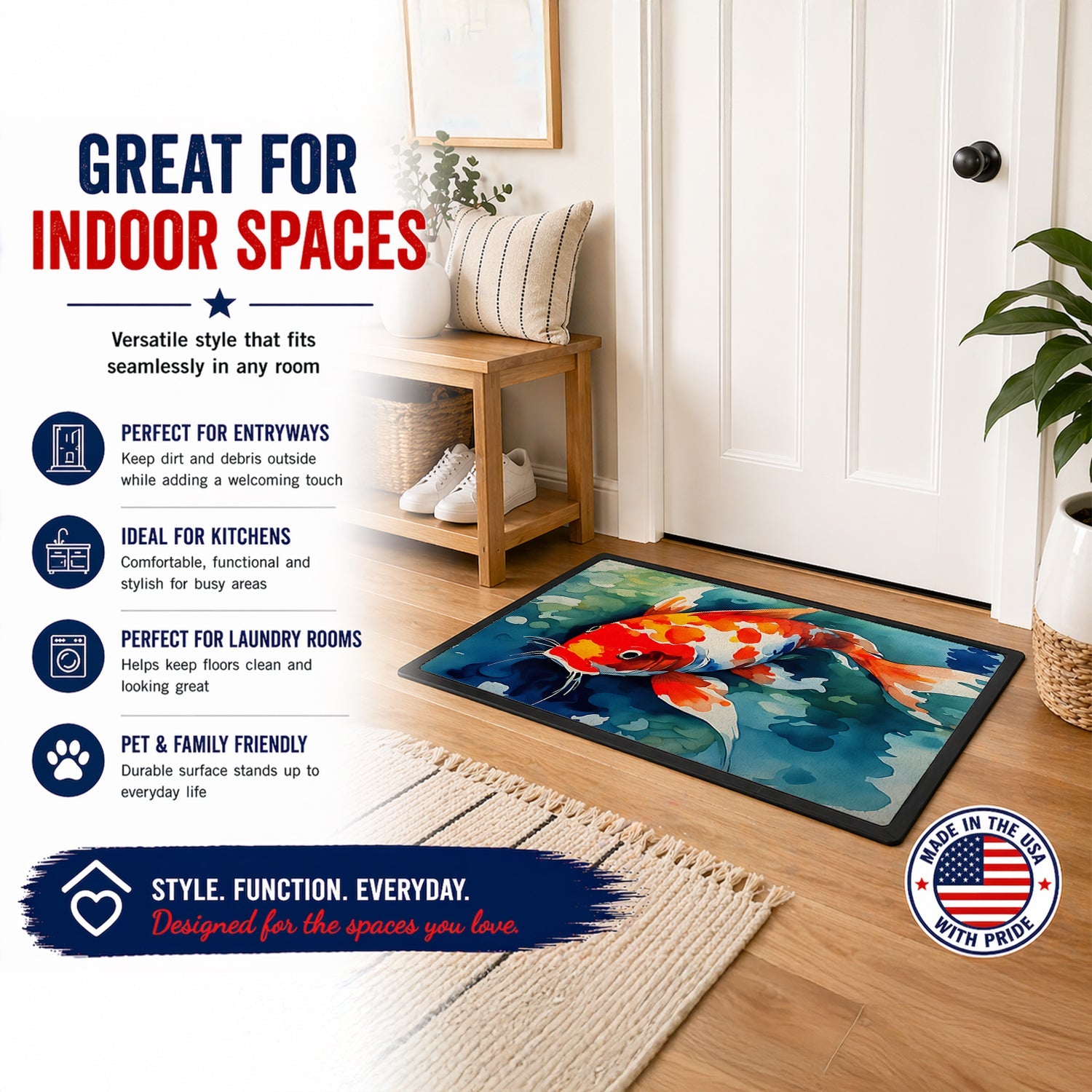 Koi Fish Doormat Indoor Outdoor 24H X 36W Front Door Mat Rugs for Entryway, Non Slip Washable Low Pile,
