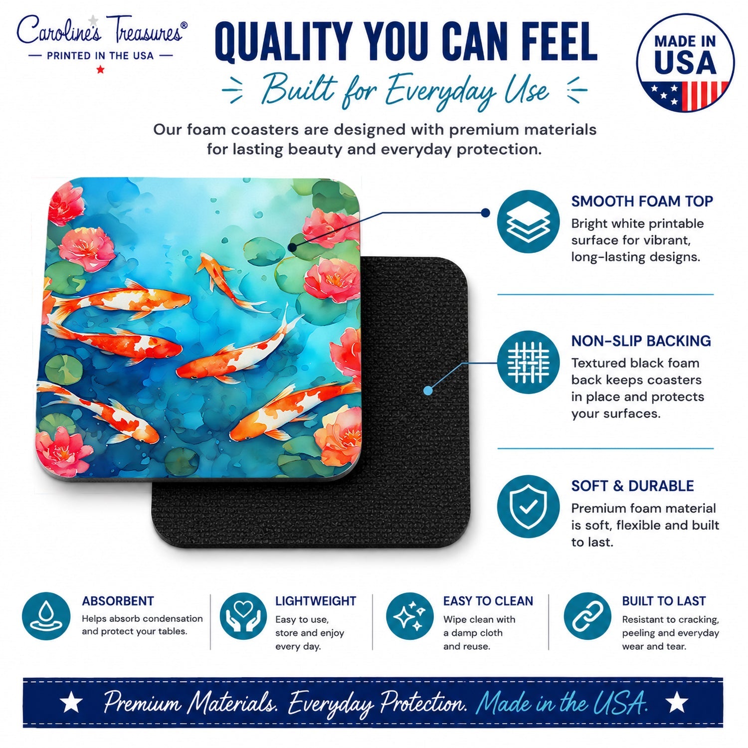 Koi Fish Foam Coasters Set of 4 Cup Coasters for Indoor Outdoor, Tabletop Protection, Anti Slip, Mouse pad Material